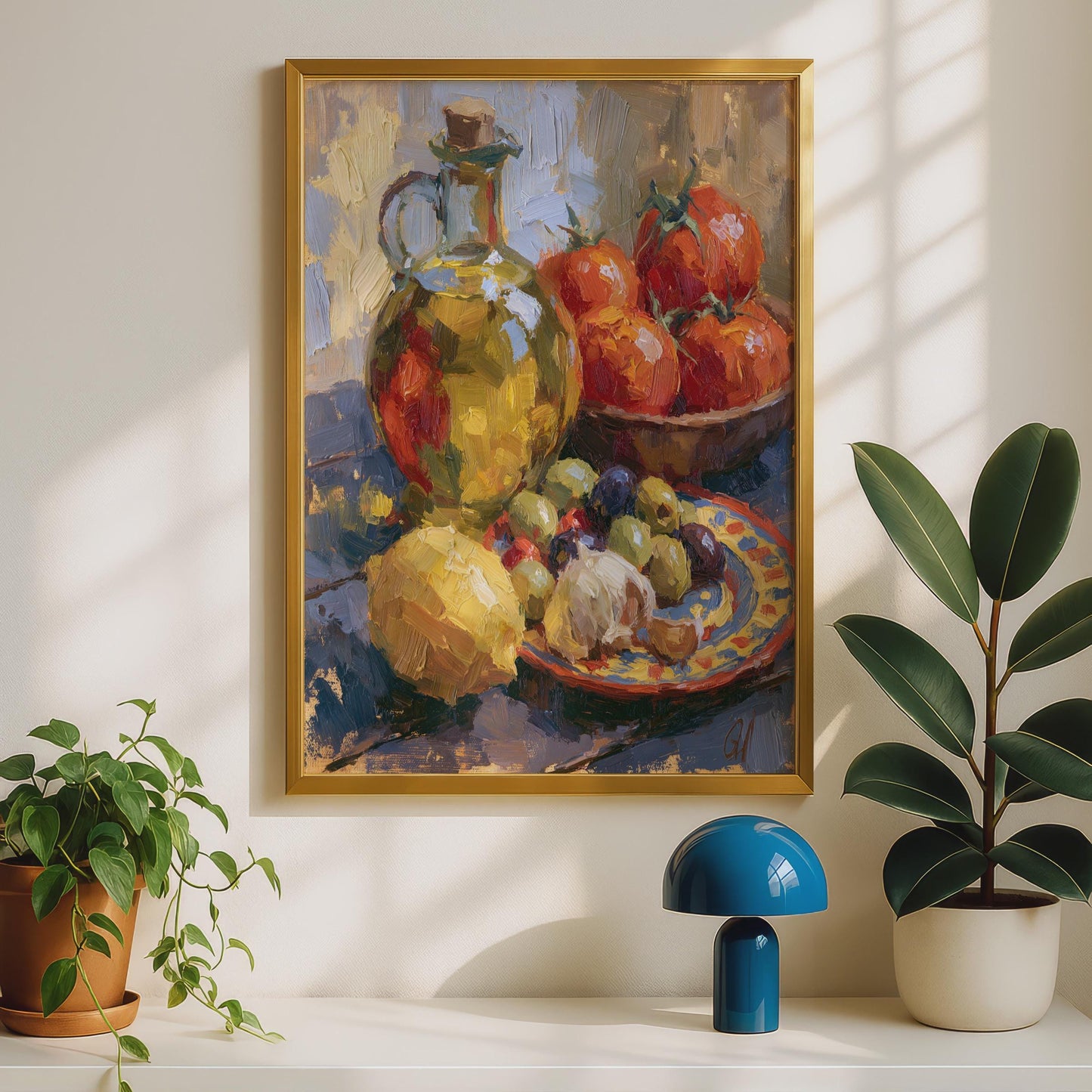 Mediterranean Kitchen Still Life Poster, Olive Oil Tomatoes Art Print, Italian Food Wall Art