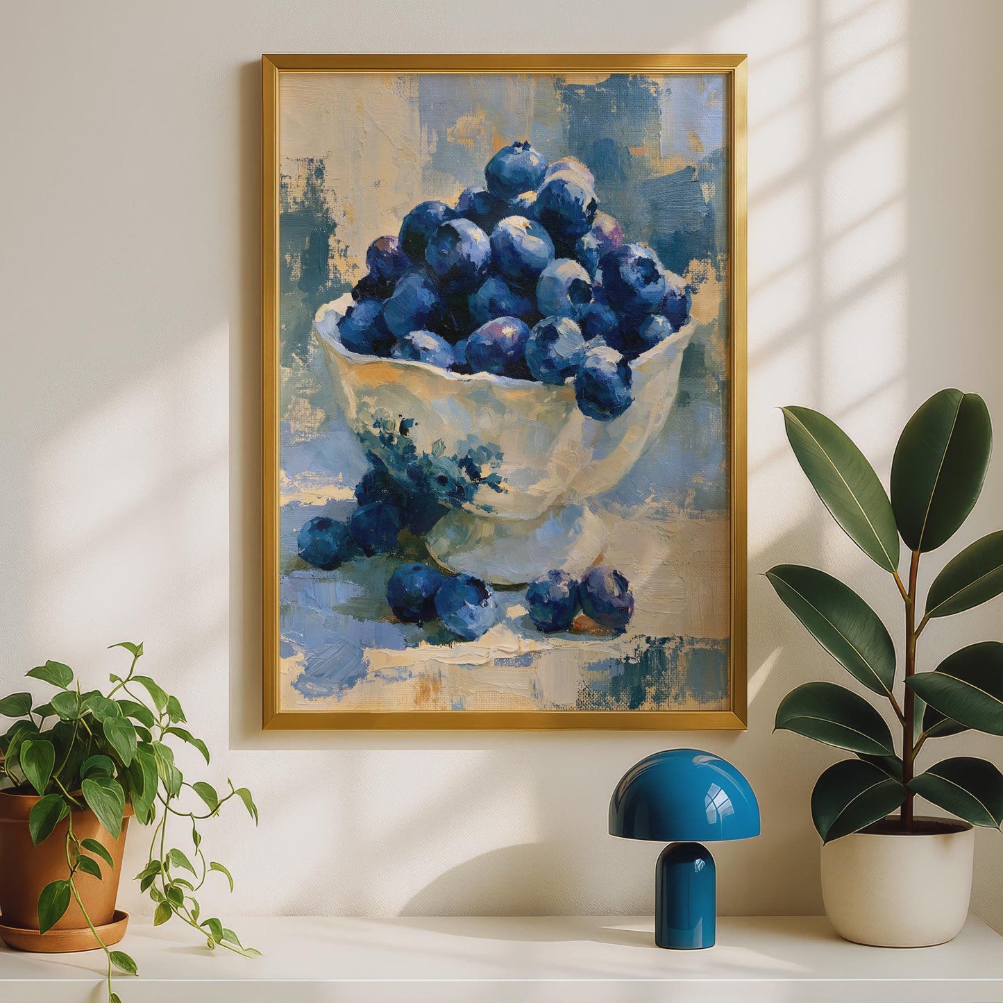 Blueberry Bowl Still Life Art Print, Impressionist Fruit Poster, Blue Kitchen Wall Decor