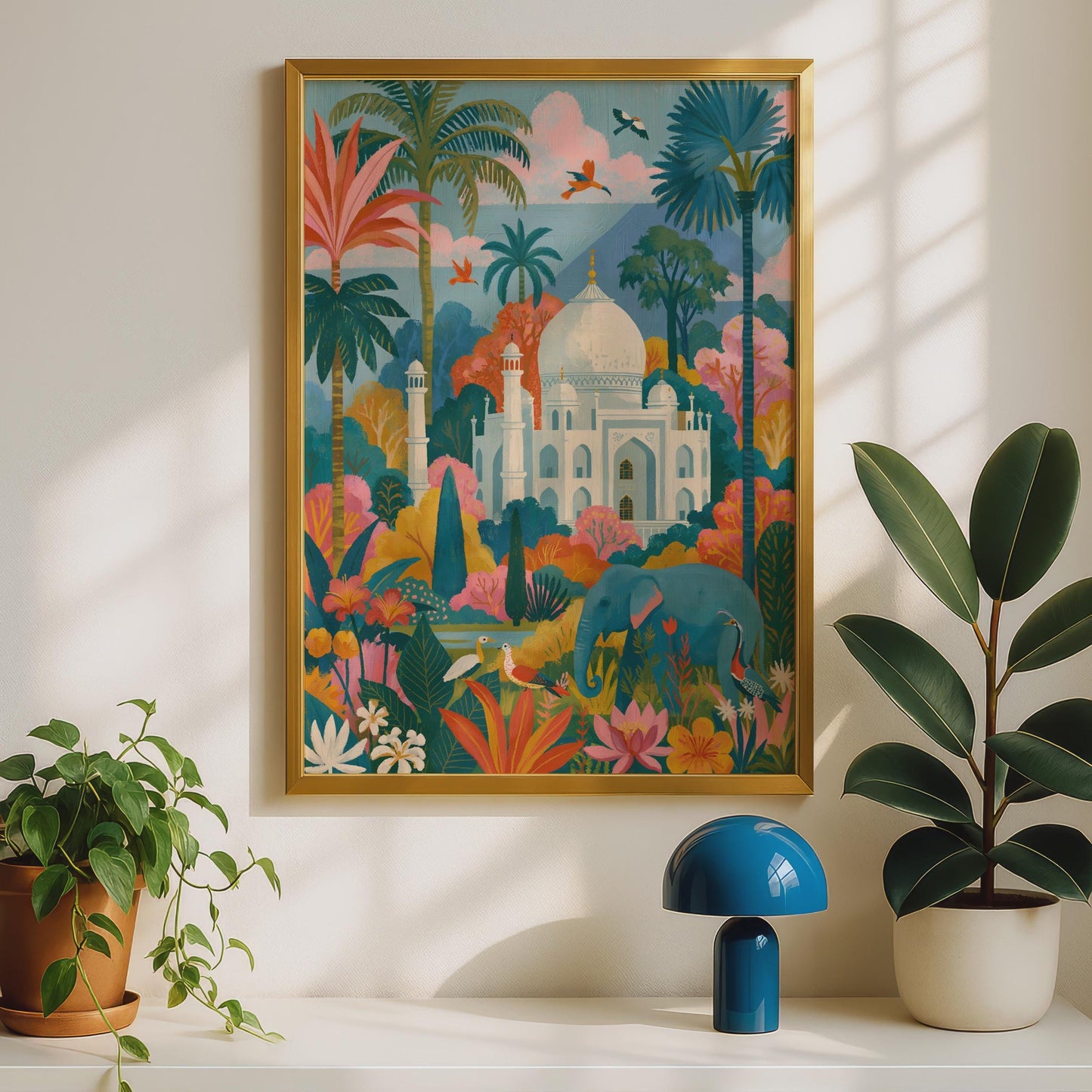 Taj Mahal Poster, Colourful India Wall Art, Elephant Jungle Print, Agra Travel