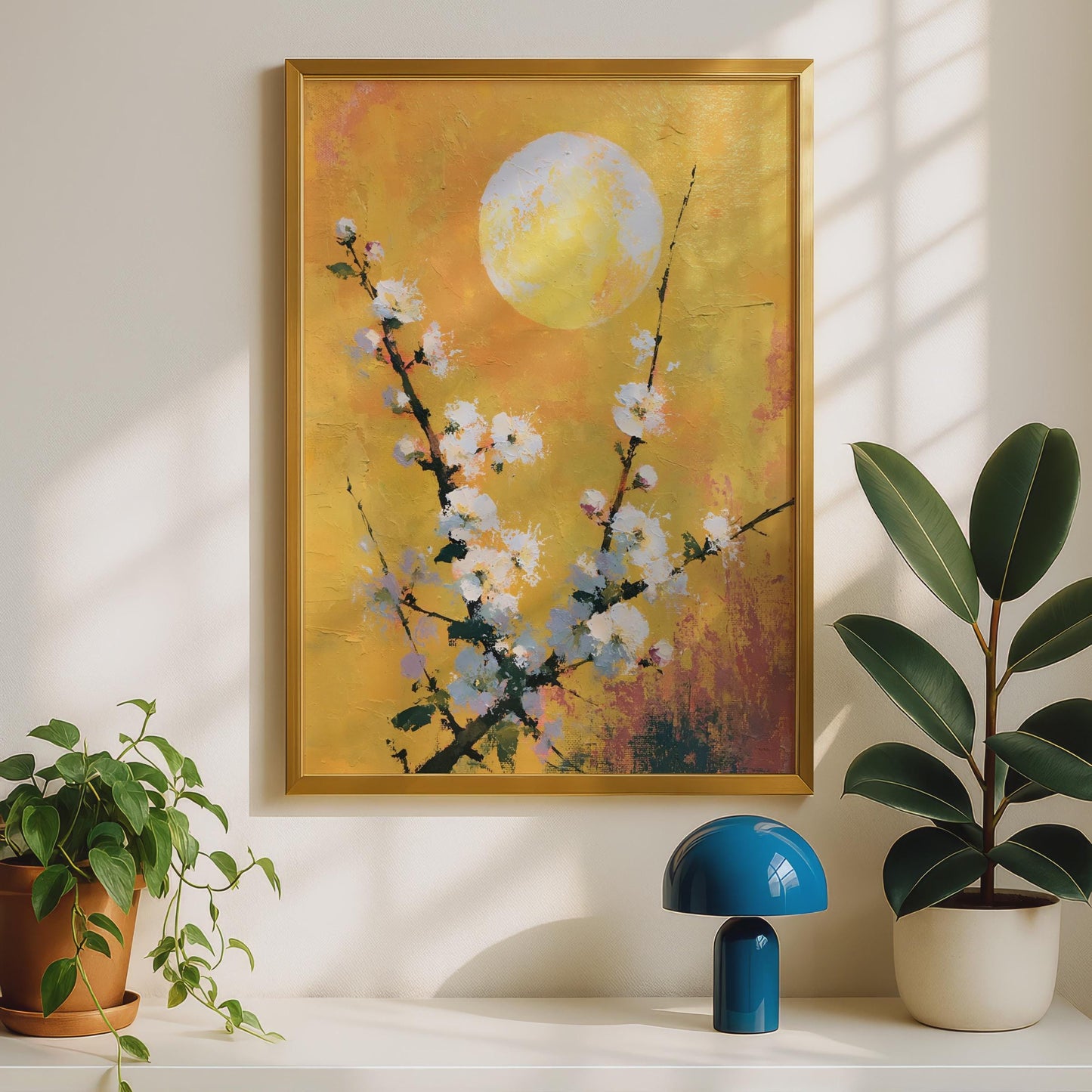 Cherry Blossom Moon Poster, White Floral Wall Art, Gold Yellow Botanical Print