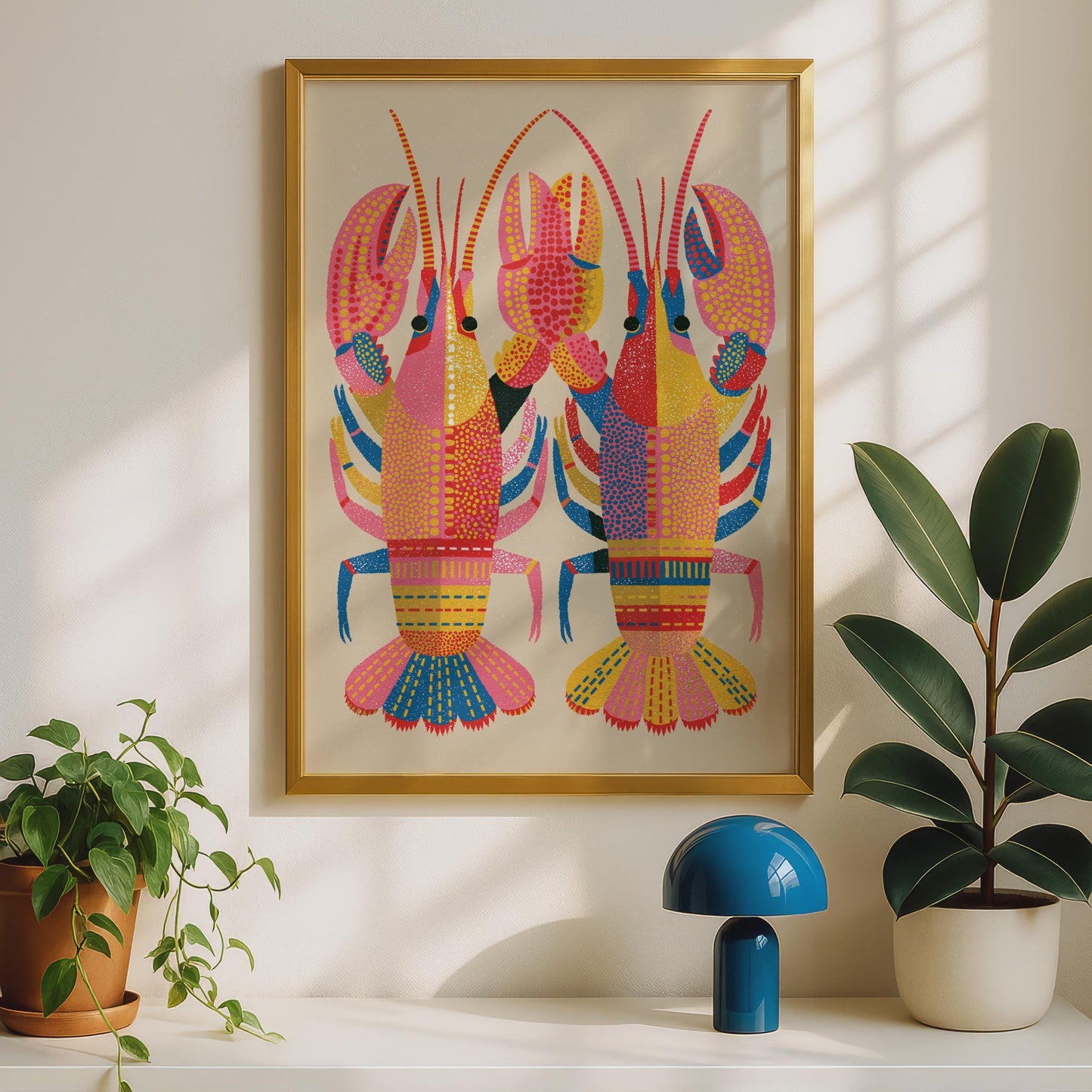 Colourful Lobster Print, Bold Folk Art Poster, Pink Red Blue Kitchen Wall Art