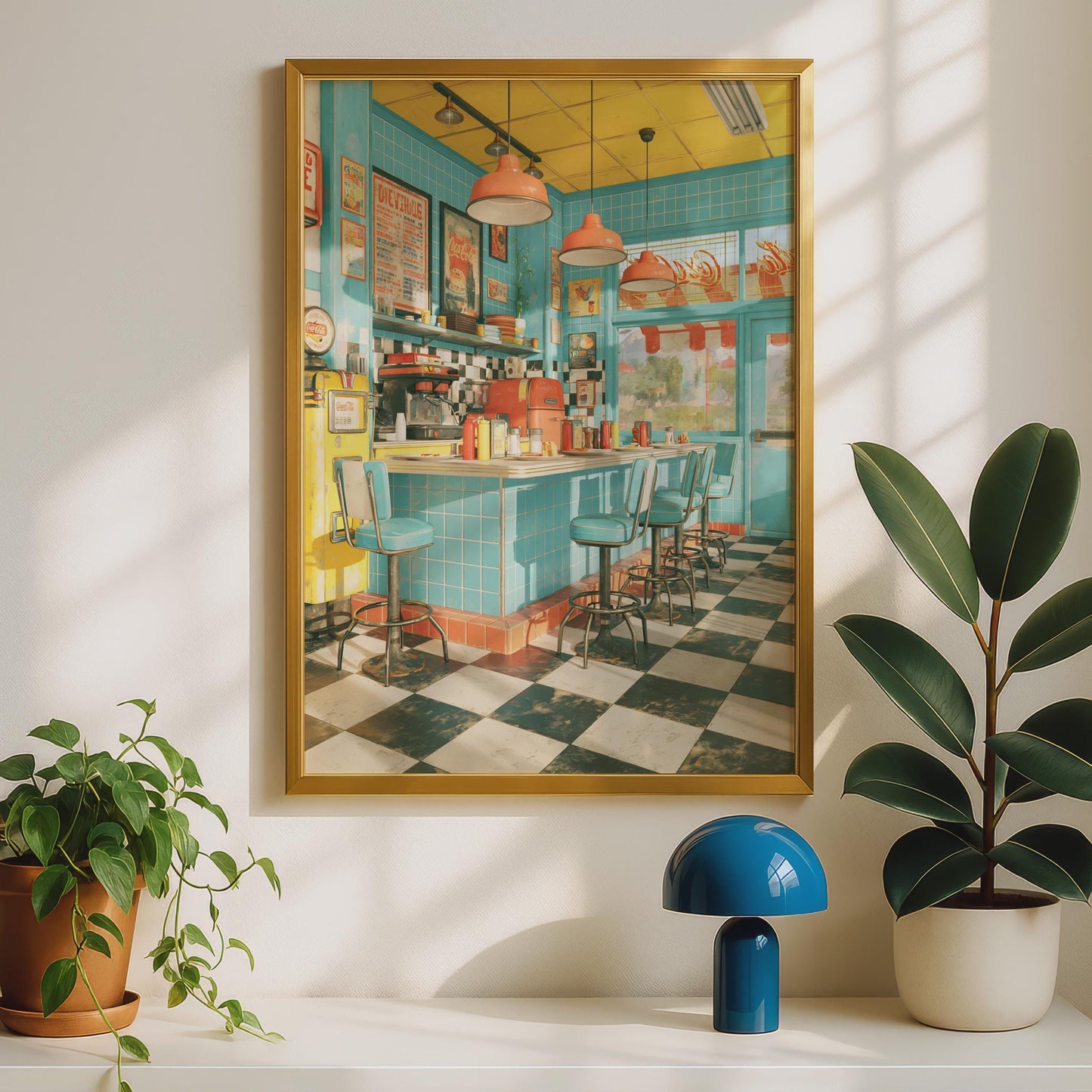 Retro American Diner Poster, 1950s Vintage Diner Wall Art, Teal Kitchen Print