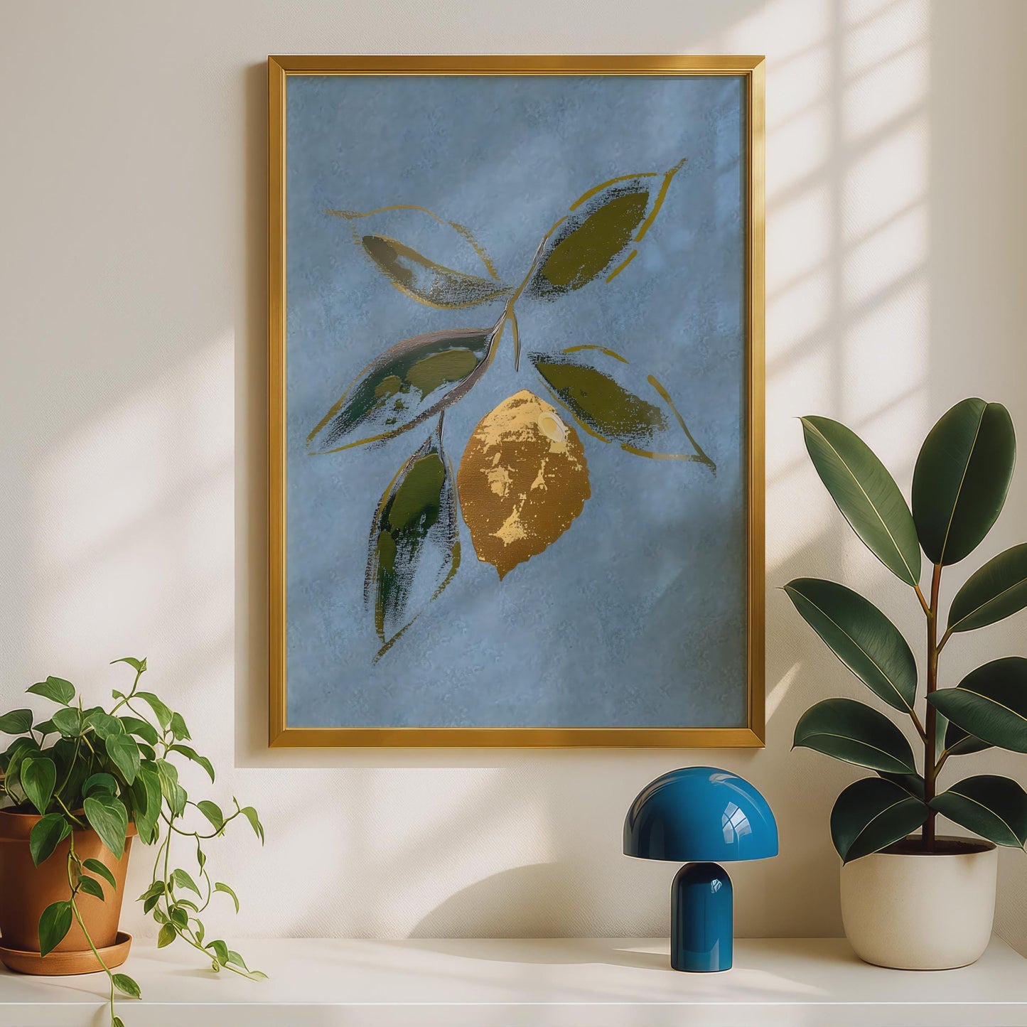 Gold Lemon Botanical Print, Blue and Olive Wall Art, Citrus Fruit Poster, Kitchen Decor