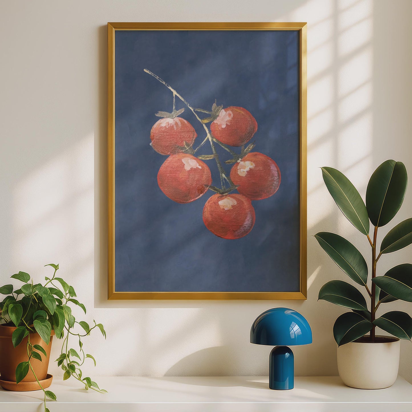 Cherry Tomatoes On The Vine Poster, Kitchen Wall Art, Red and Navy Blue Print