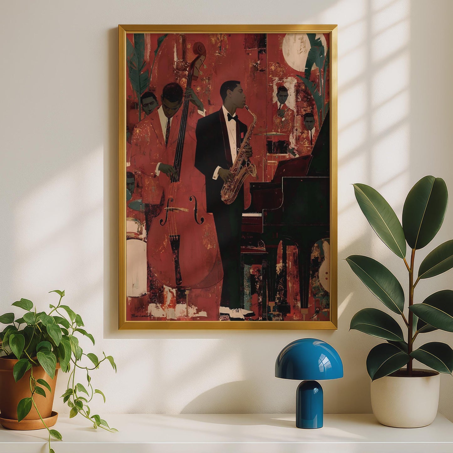 Jazz Band Poster, Saxophone Double Bass Piano, Red Music Wall Art Print