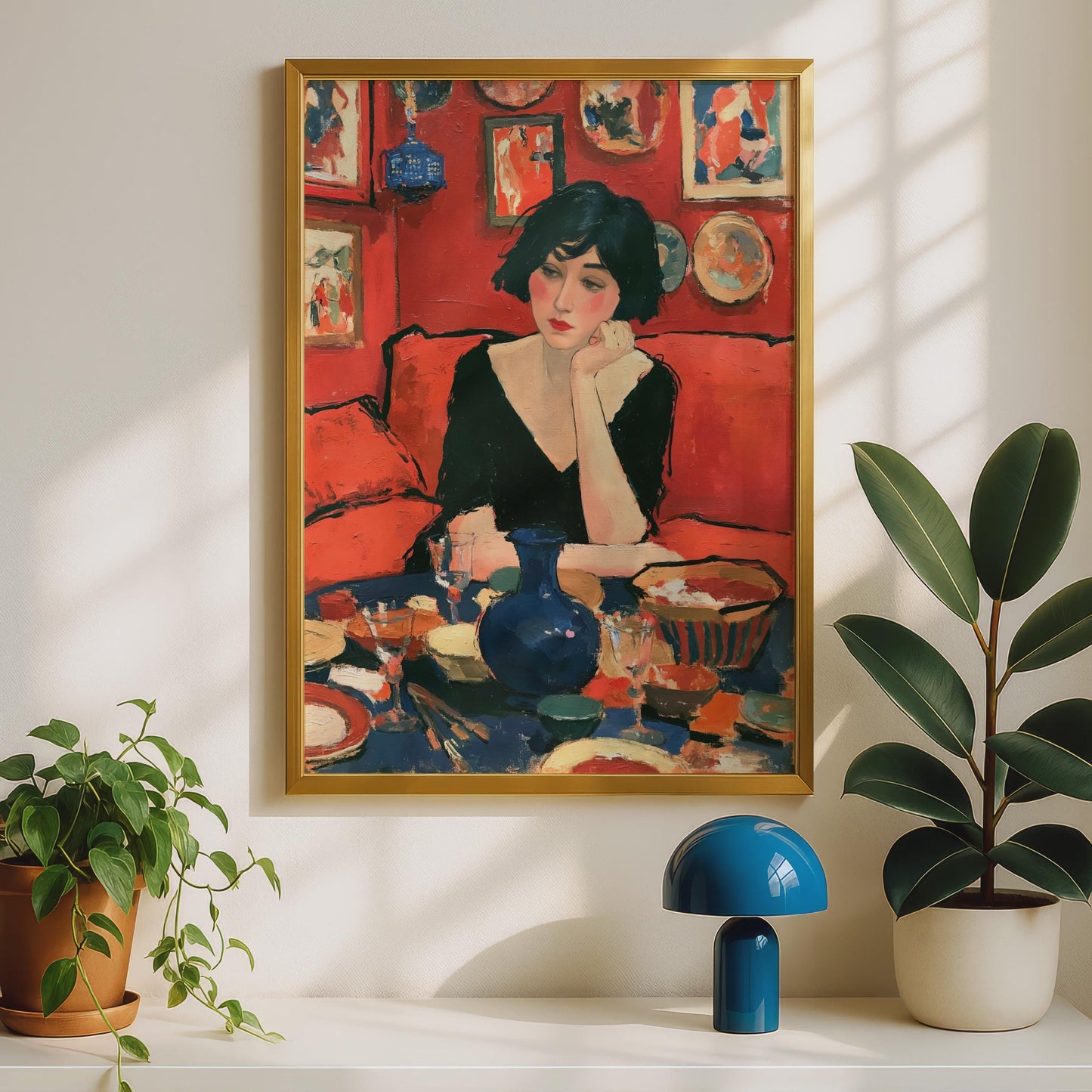 Pensive Woman Red Interior Portrait Poster, Figurative Wall Art, Bold Colour Print