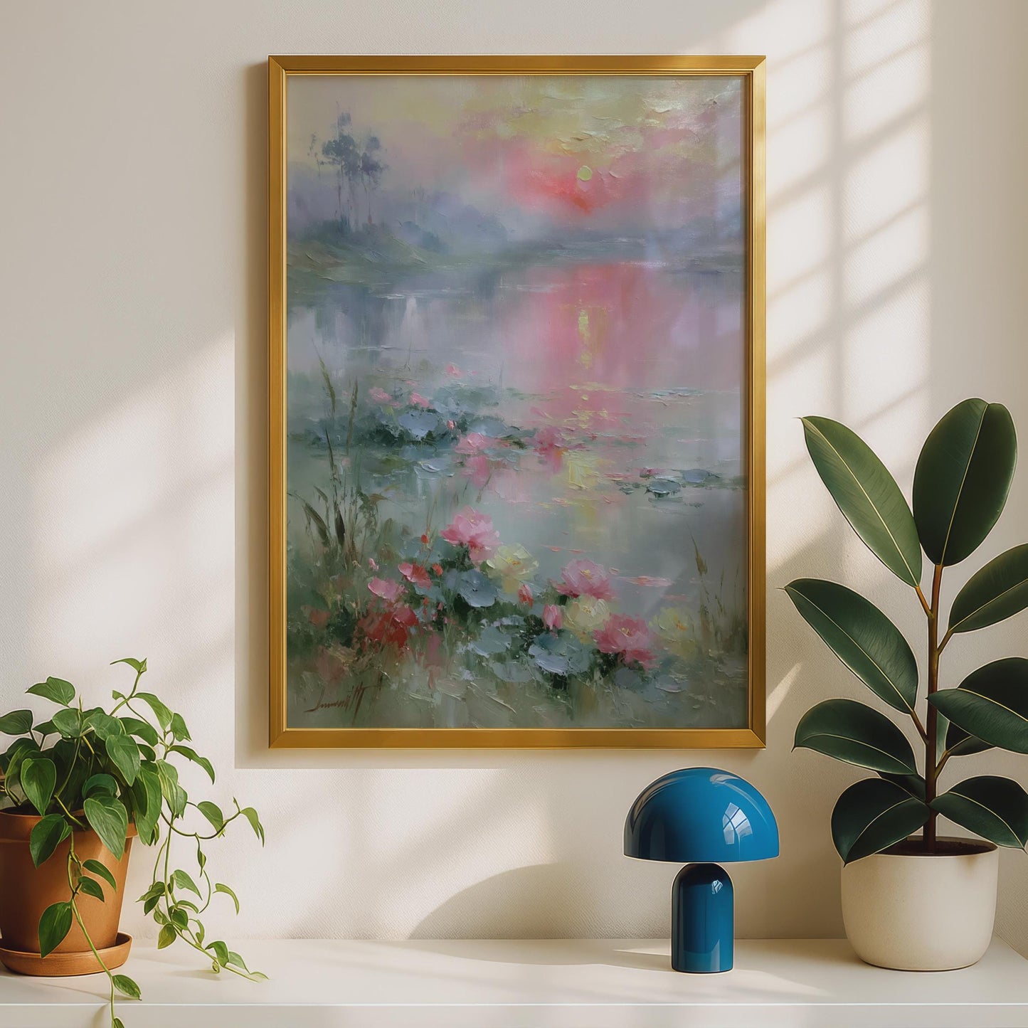 Misty Lake Sunrise Poster, Pink Lotus Flowers Wall Art, Impressionist Landscape Print