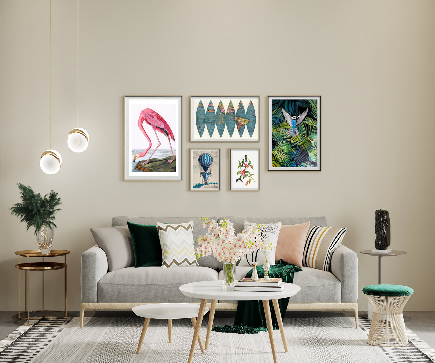 Eclectic Gallery Wall Art Prints: Audubon Flamingo, Hot Air Balloon