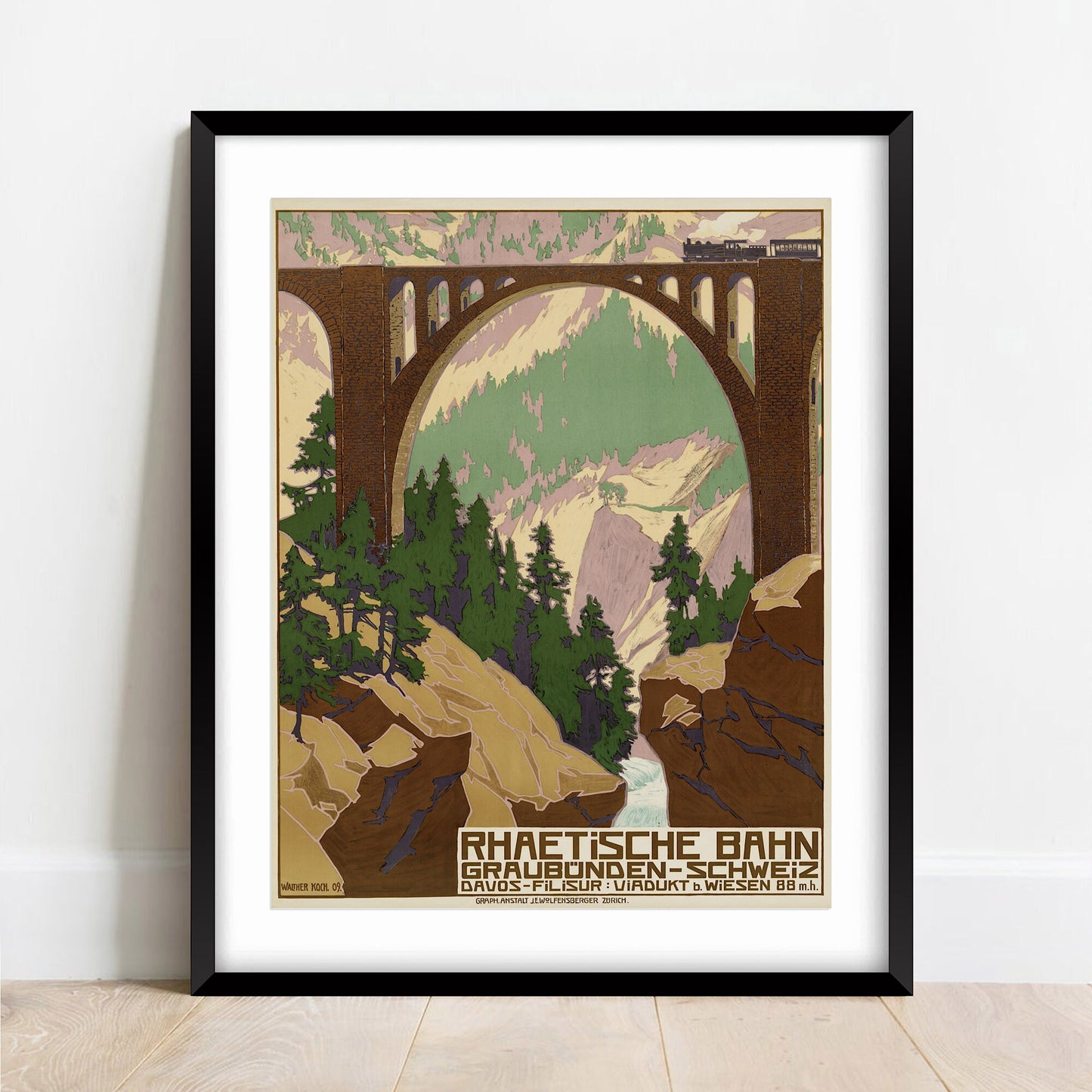 Vintage Swiss Railway Poster, Wiesen Viaduct Art Print