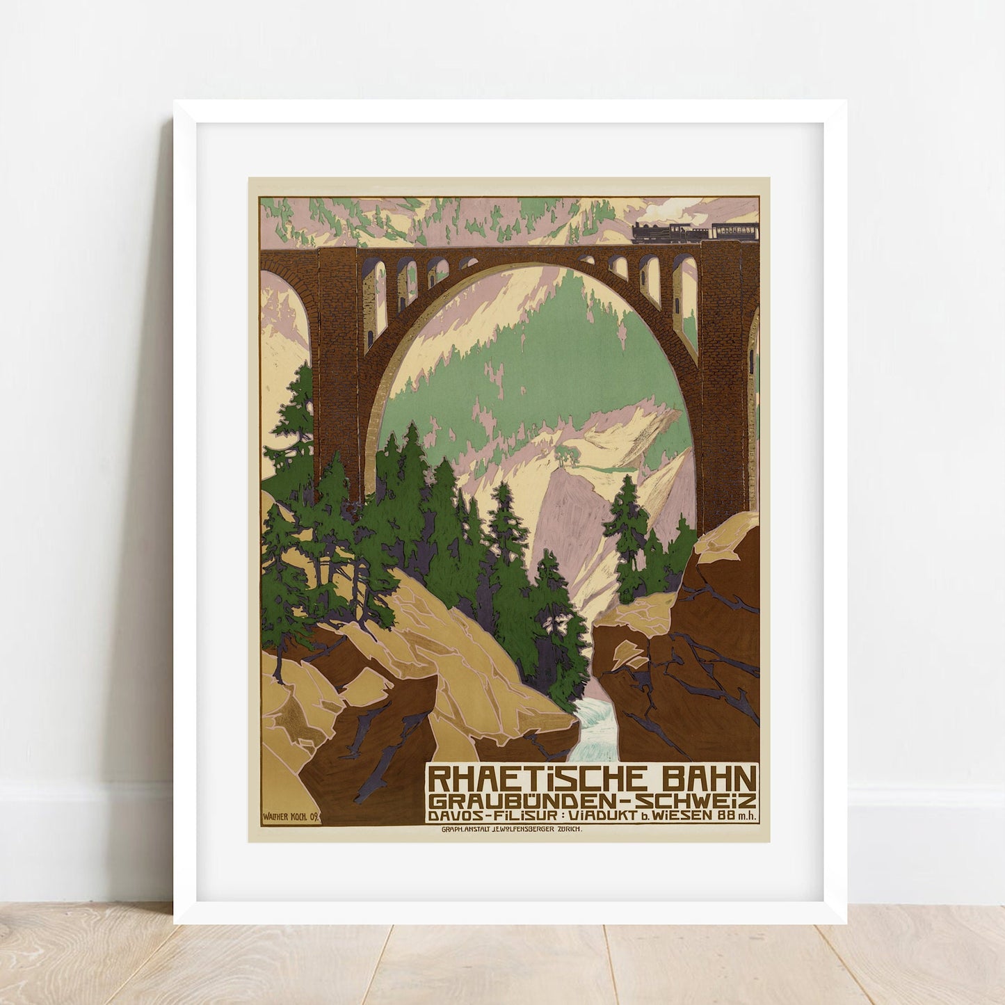 Vintage Swiss Railway Poster, Wiesen Viaduct Art Print