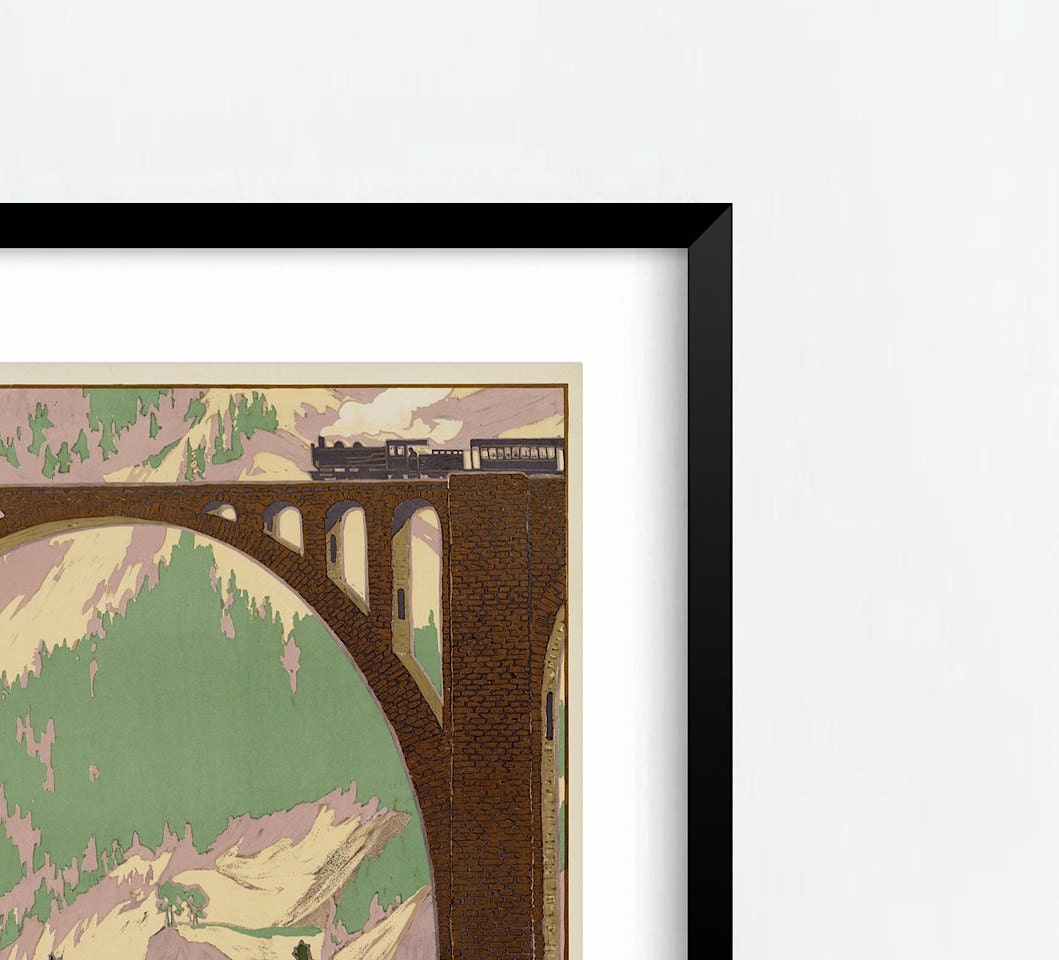 Vintage Swiss Railway Poster, Wiesen Viaduct Art Print