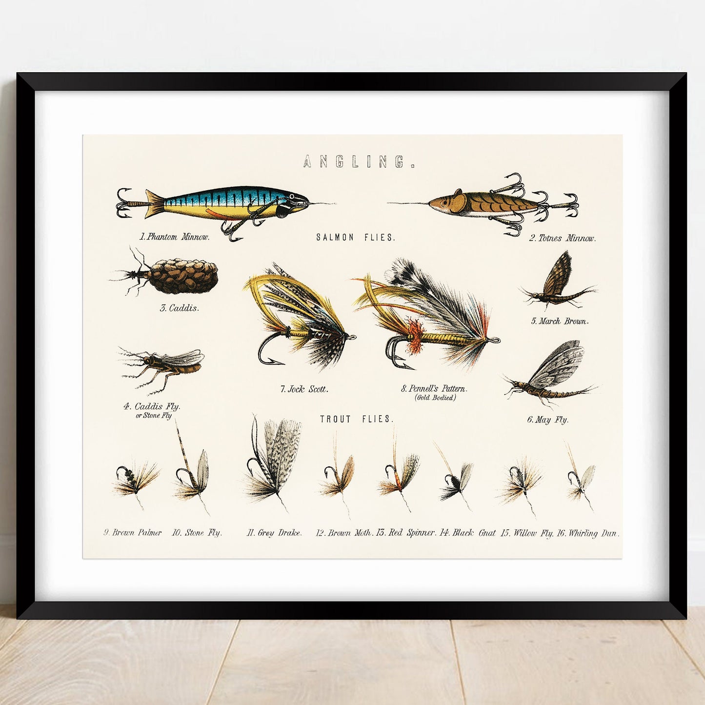 Vintage Angling Print: Salmon & Trout Flies Illustration