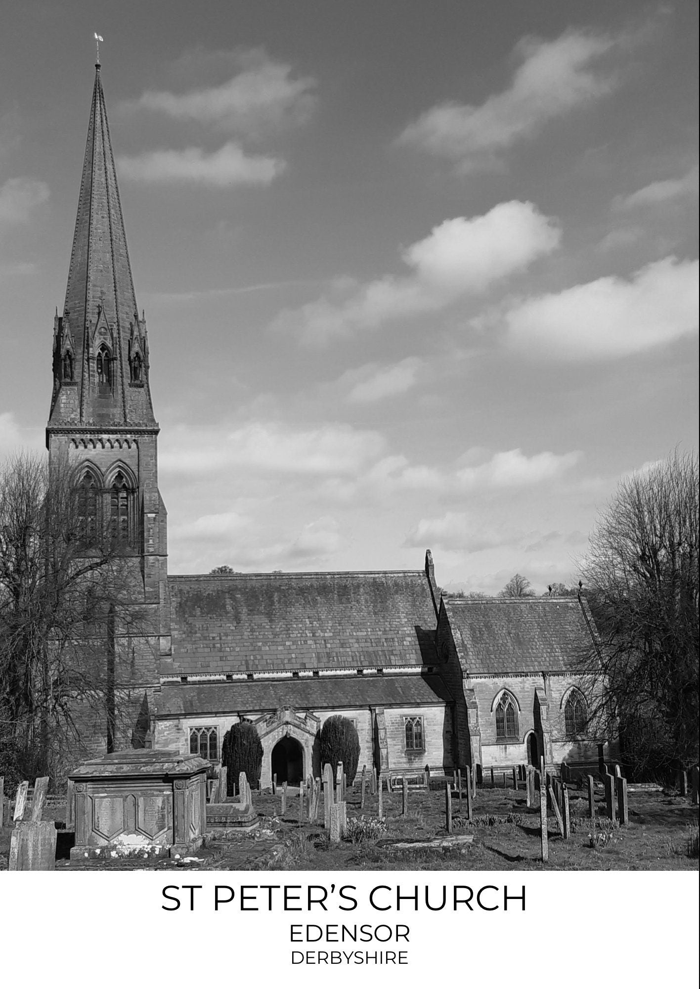 St Peter's Church Print: Edensor, Derbyshire Black and White Photography