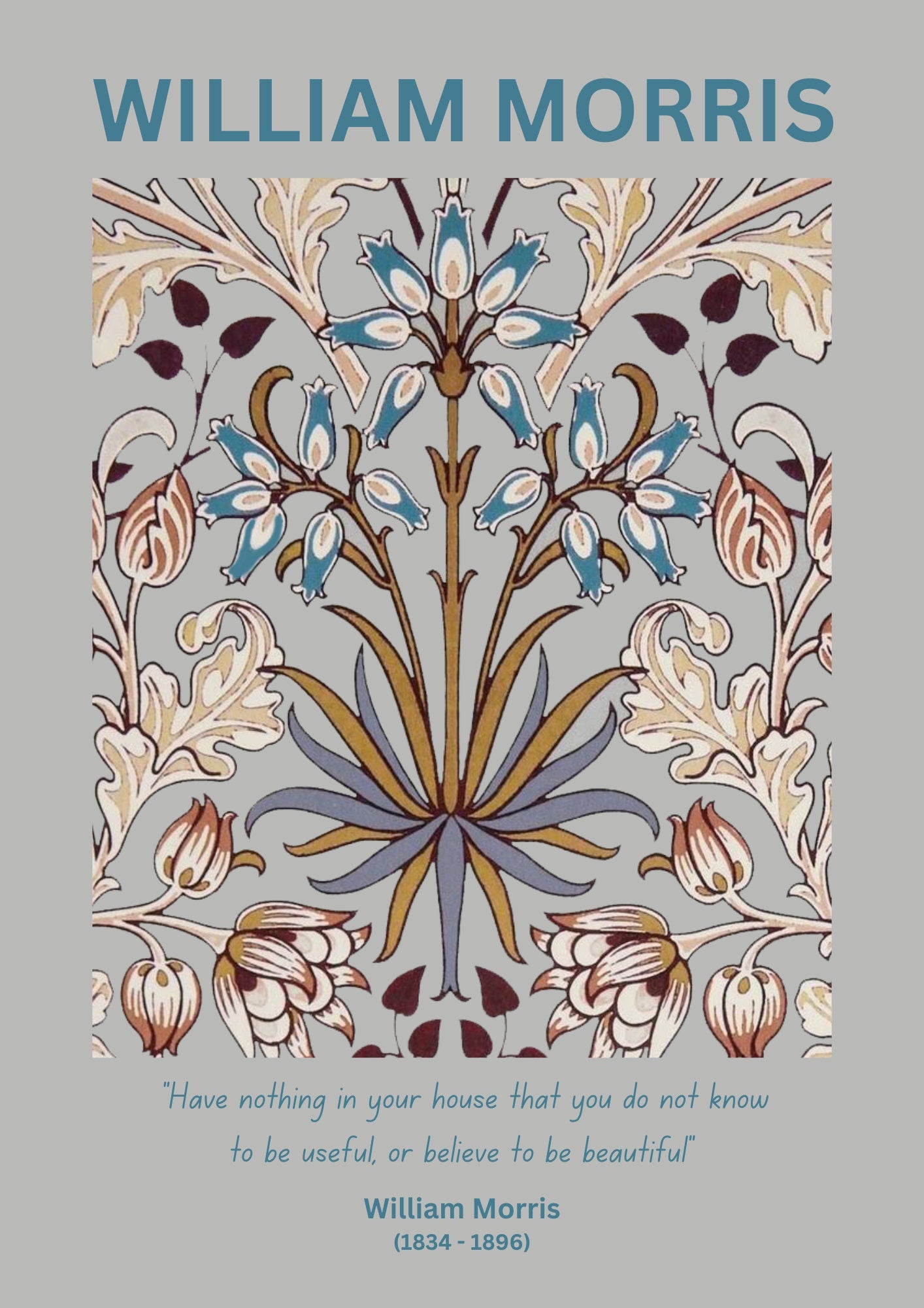 William Morris 'Hyacinth Grey' Art Print: Vintage Floral Exhibition Poster