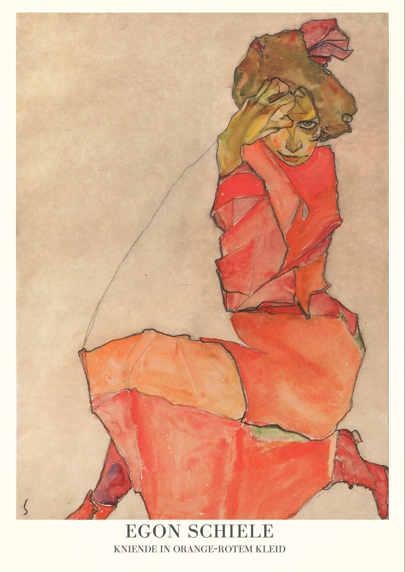 Egon Schiele Print: Woman in Orange Dress, Expressionism Art
