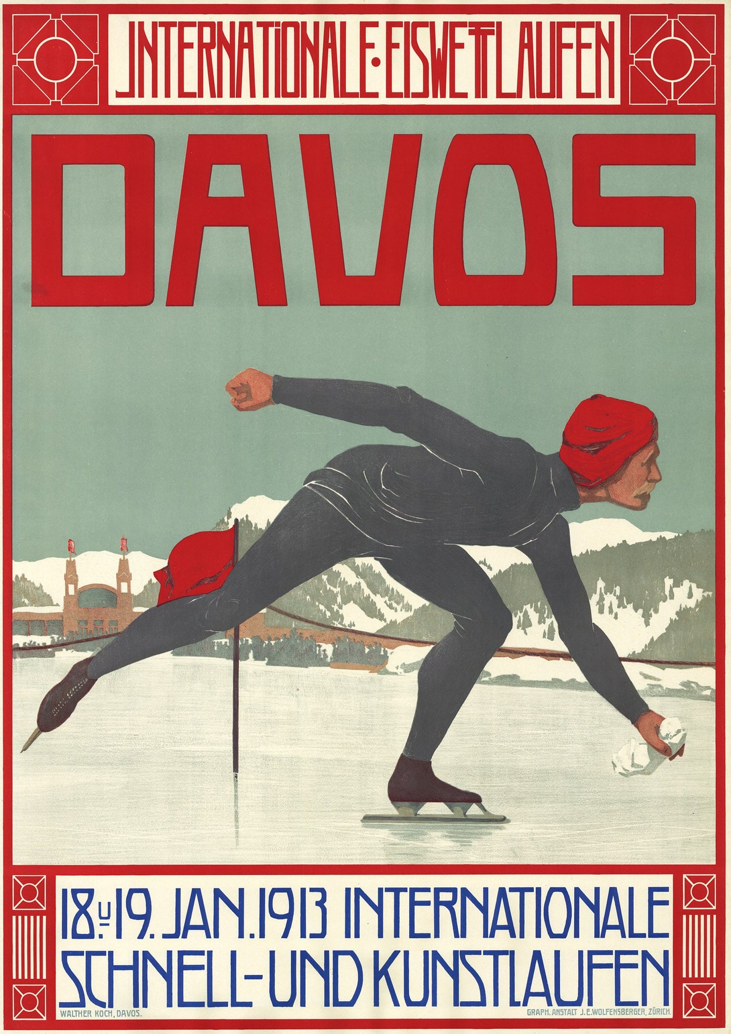 Davos Switzerland Vintage Ice Skating Poster (A1/A2/A3/A4 Print)