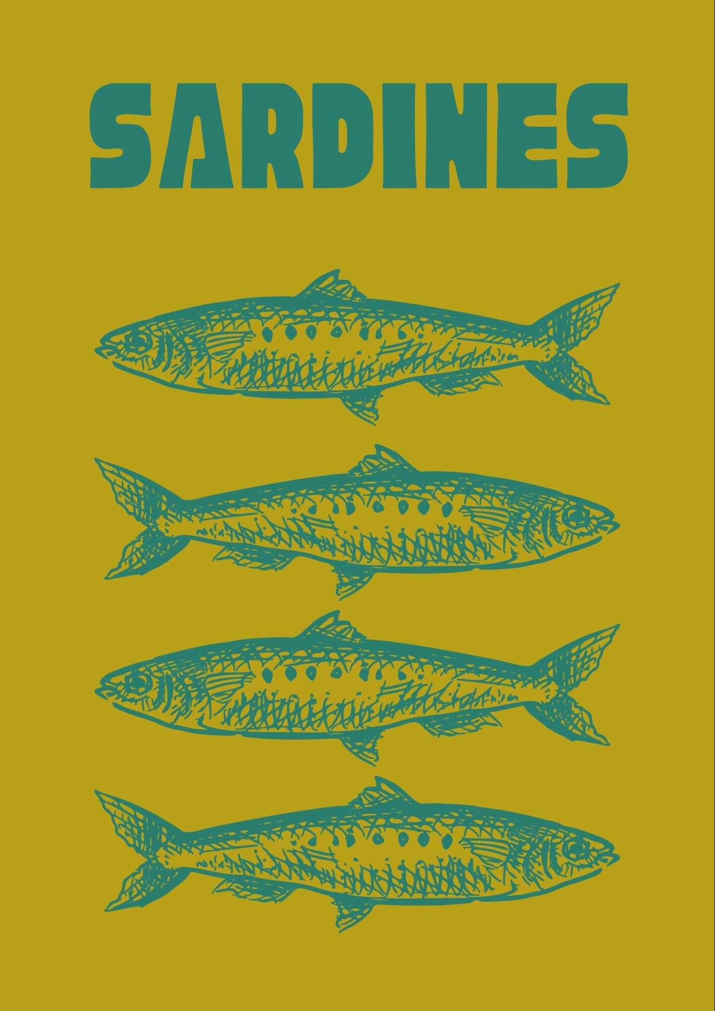 Sardines Retro Kitchen Wall Print: Lime and Turquoise Fish Art
