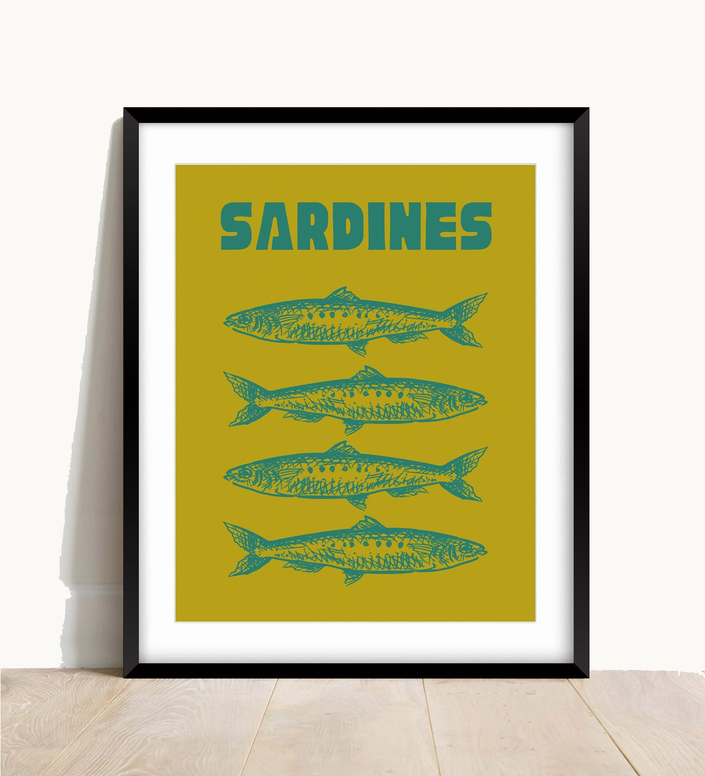 Sardines Retro Kitchen Wall Print: Lime and Turquoise Fish Art
