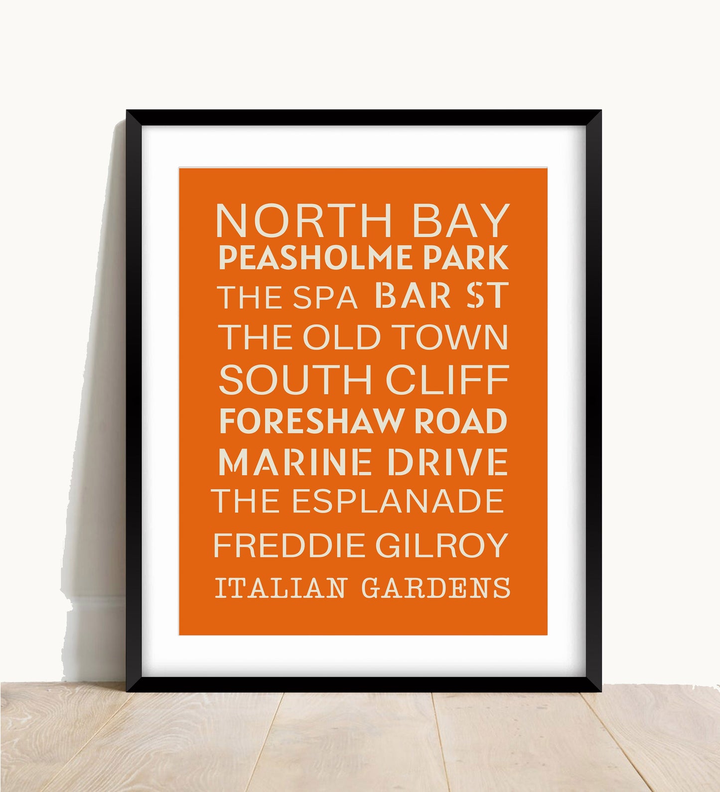 Scarborough Typography Print: Seaside Road Names, Orange Hallway Art