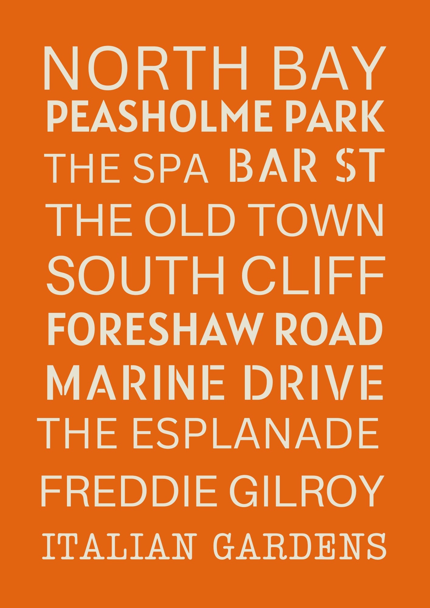 Scarborough Typography Print: Seaside Road Names, Orange Hallway Art