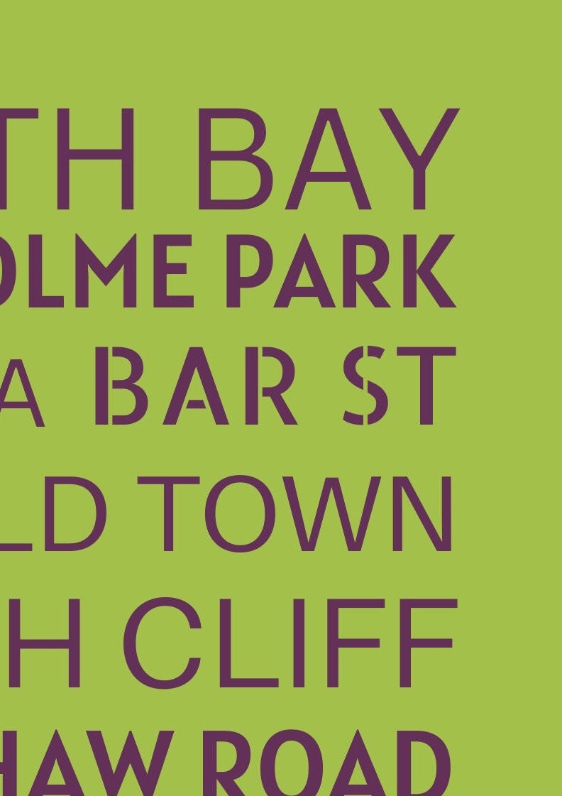 Scarborough Typography Print: Seaside Road Names, Hallway Art