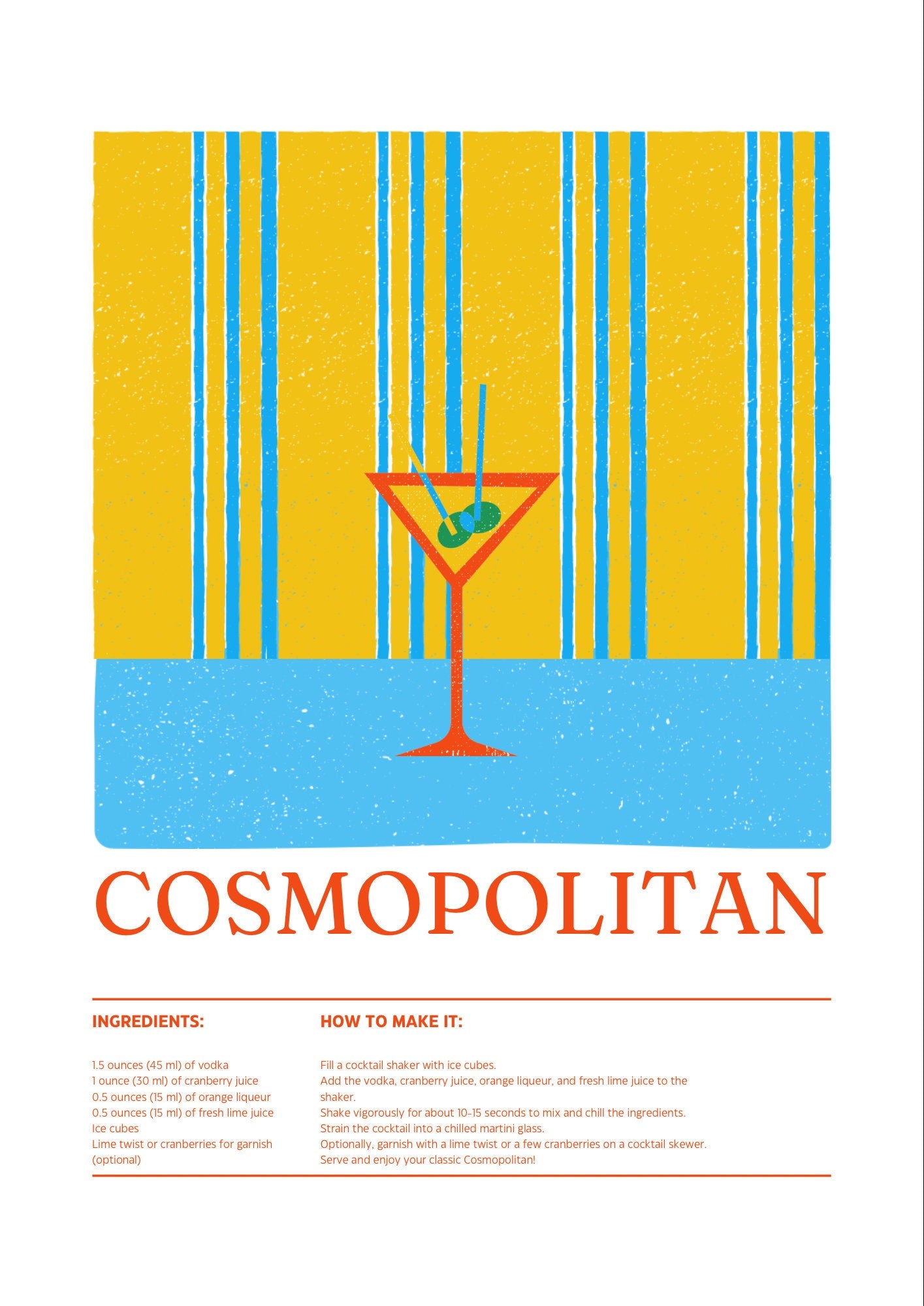 Cosmopolitan Cocktail Recipe Poster: Modern Bar Cart Art (A4/A3/A2/A1)