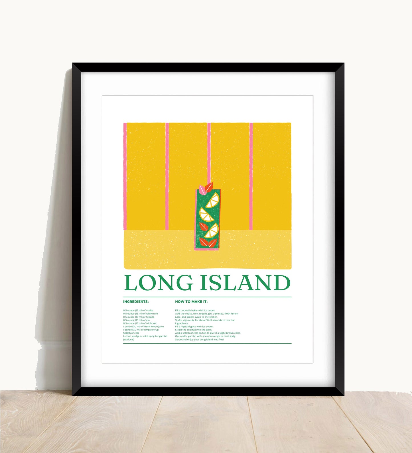 Long Island Cocktail Recipe Art Print: Modern Bar Cart Decor