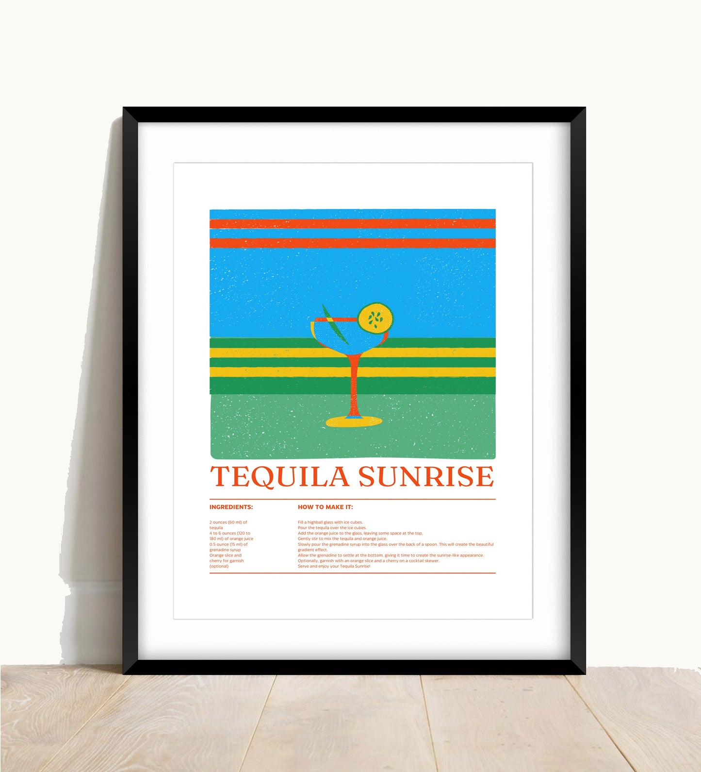 Tequila Sunrise Cocktail Print: Retro Bar Cart Art (A4/A3)