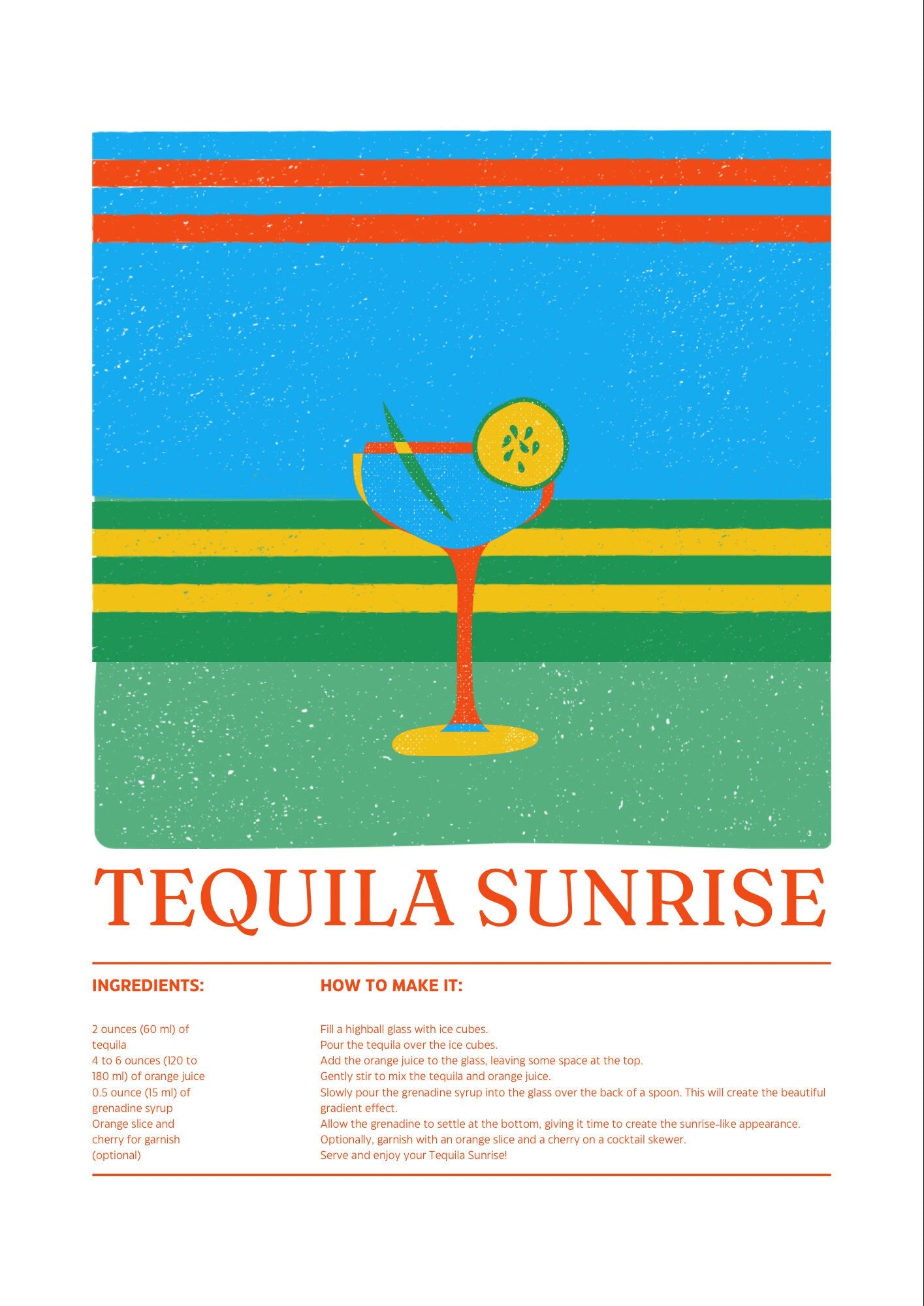 Tequila Sunrise Cocktail Print: Retro Bar Cart Art (A4/A3)