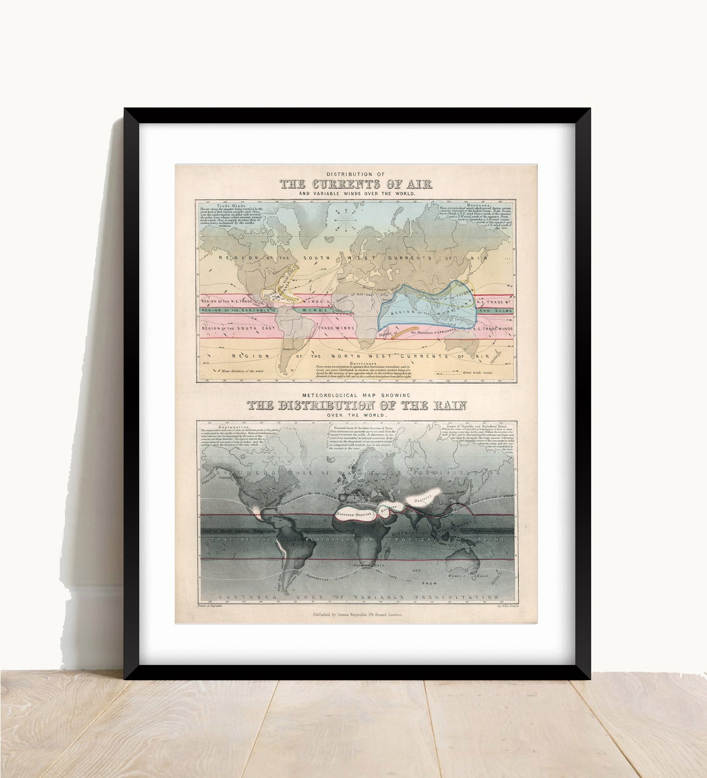 Vintage World Map Print: Currents of Air & Rain Distribution