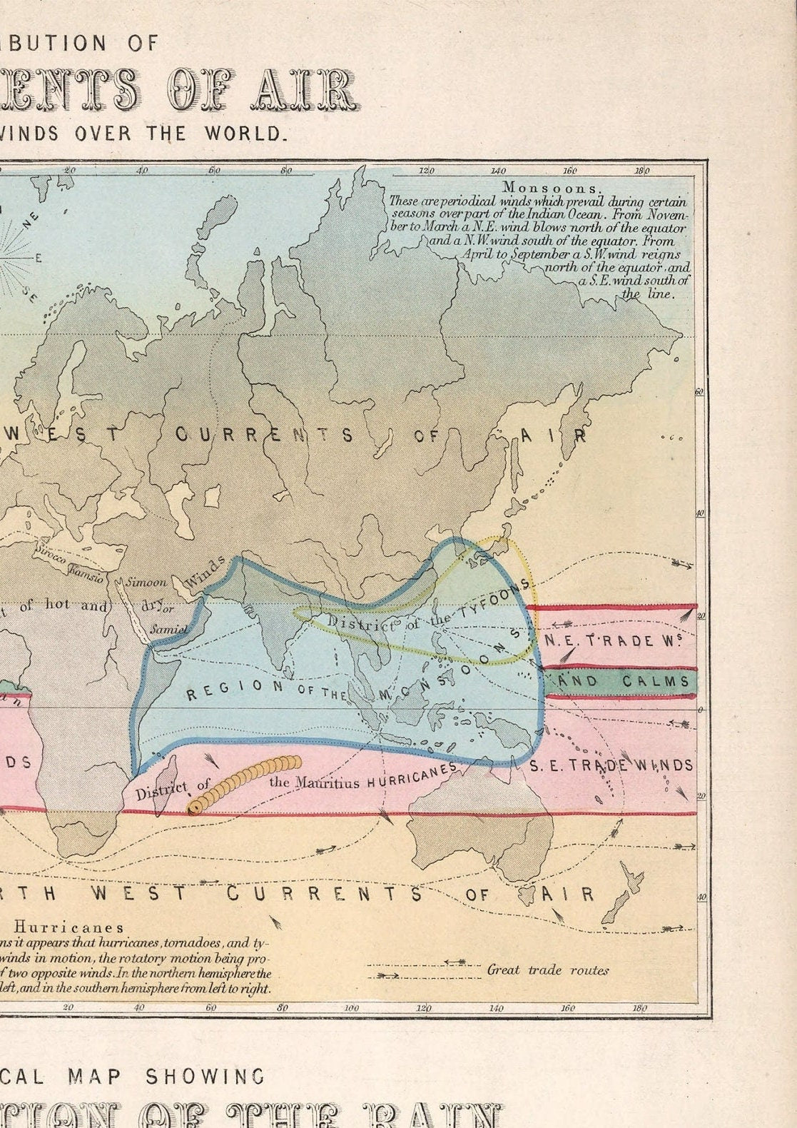 Vintage World Map Print: Currents of Air & Rain Distribution
