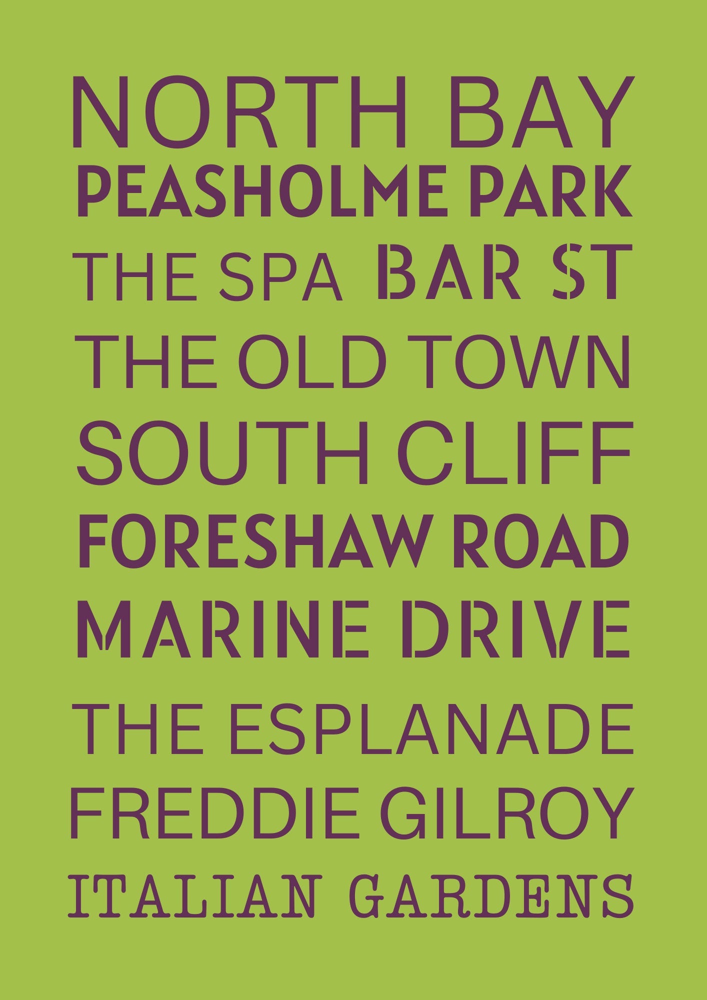 Scarborough Typography Print: Seaside Road Names, Hallway Art