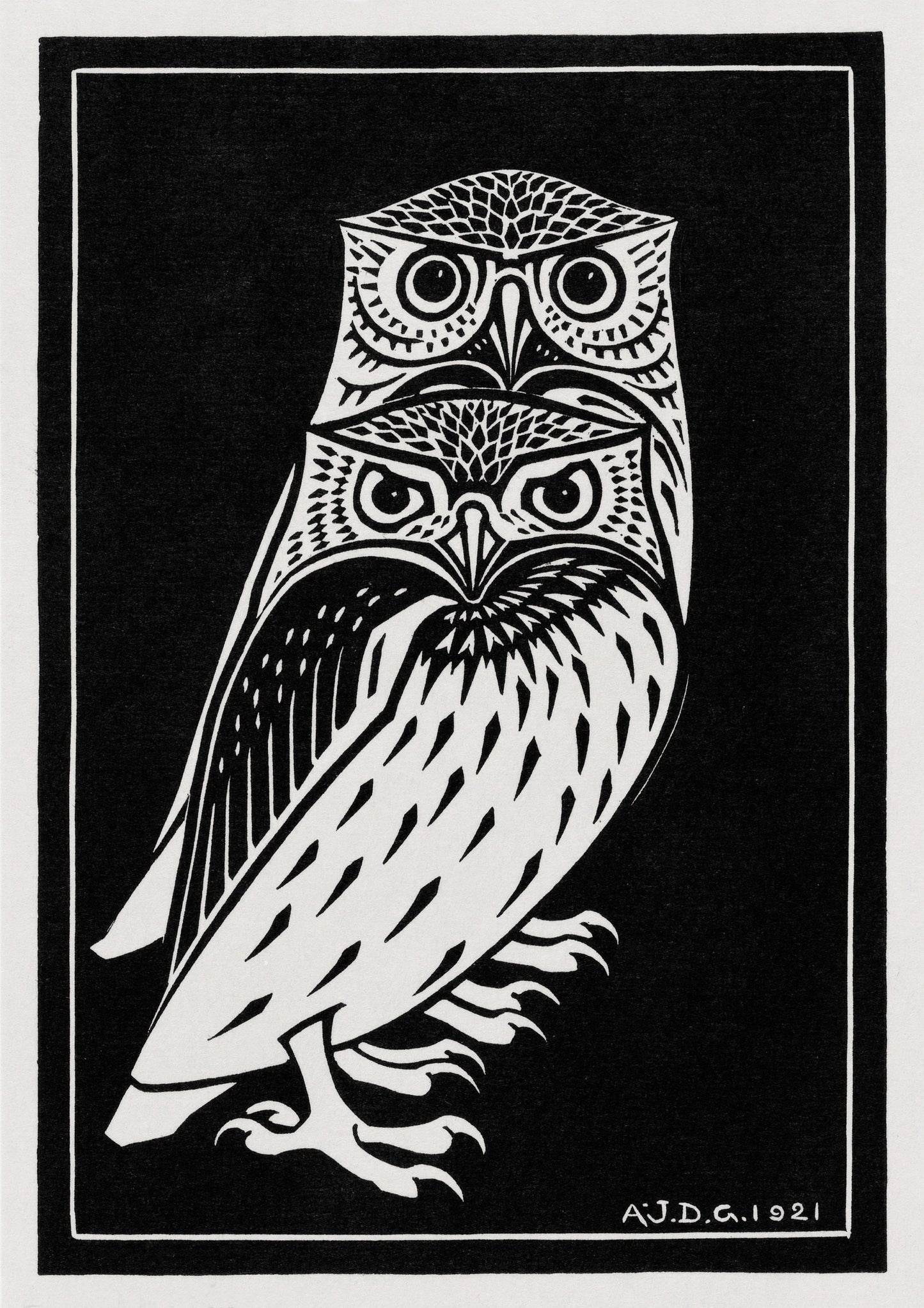 Two Owls Print: Vintage Art Nouveau Poster, Black and White