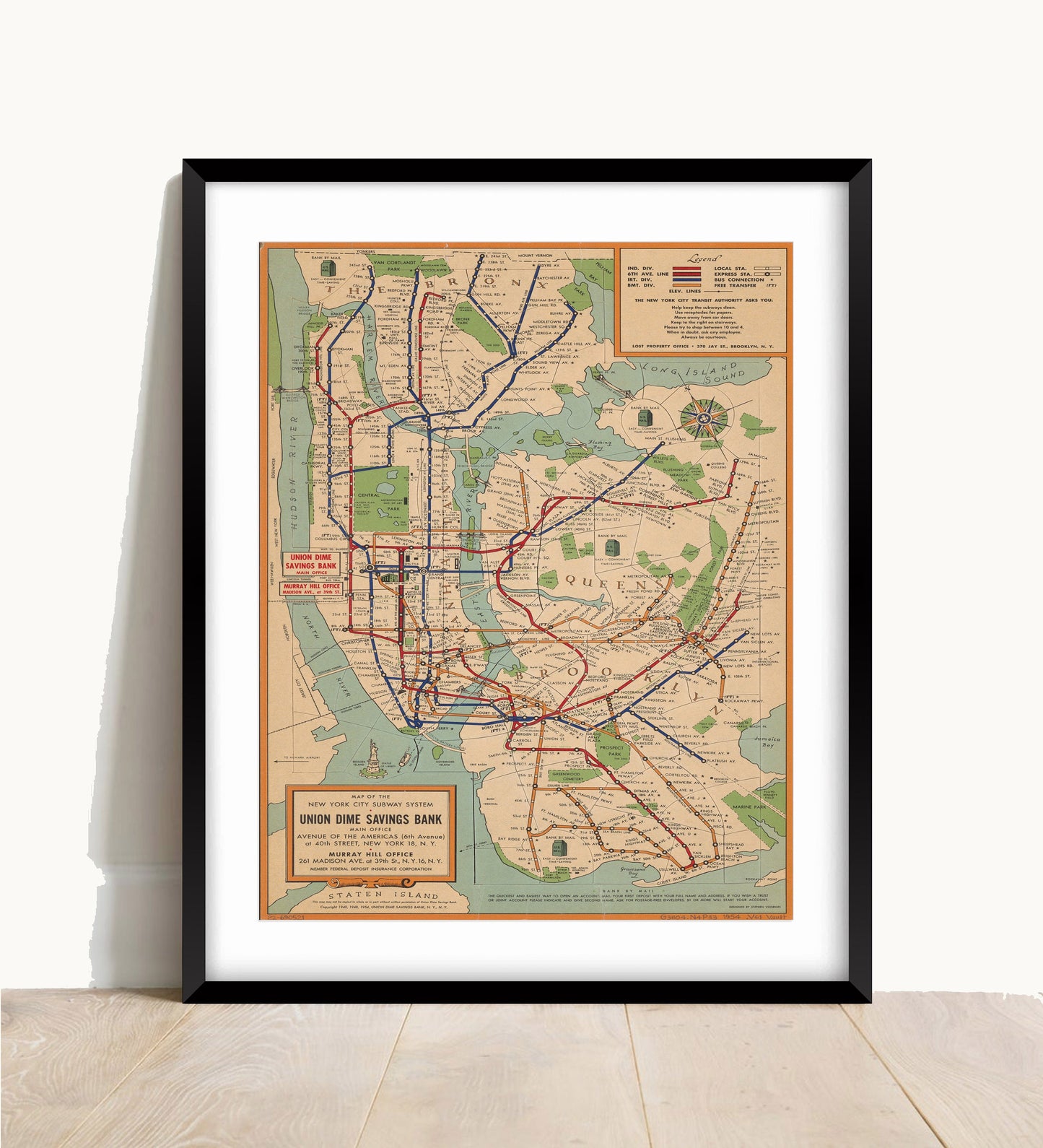 Vintage New York Subway Map Print: 1954 Travel Poster