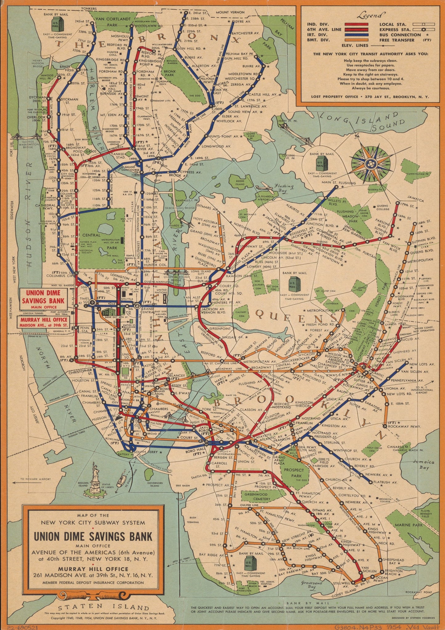 Vintage New York Subway Map Print: 1954 Travel Poster