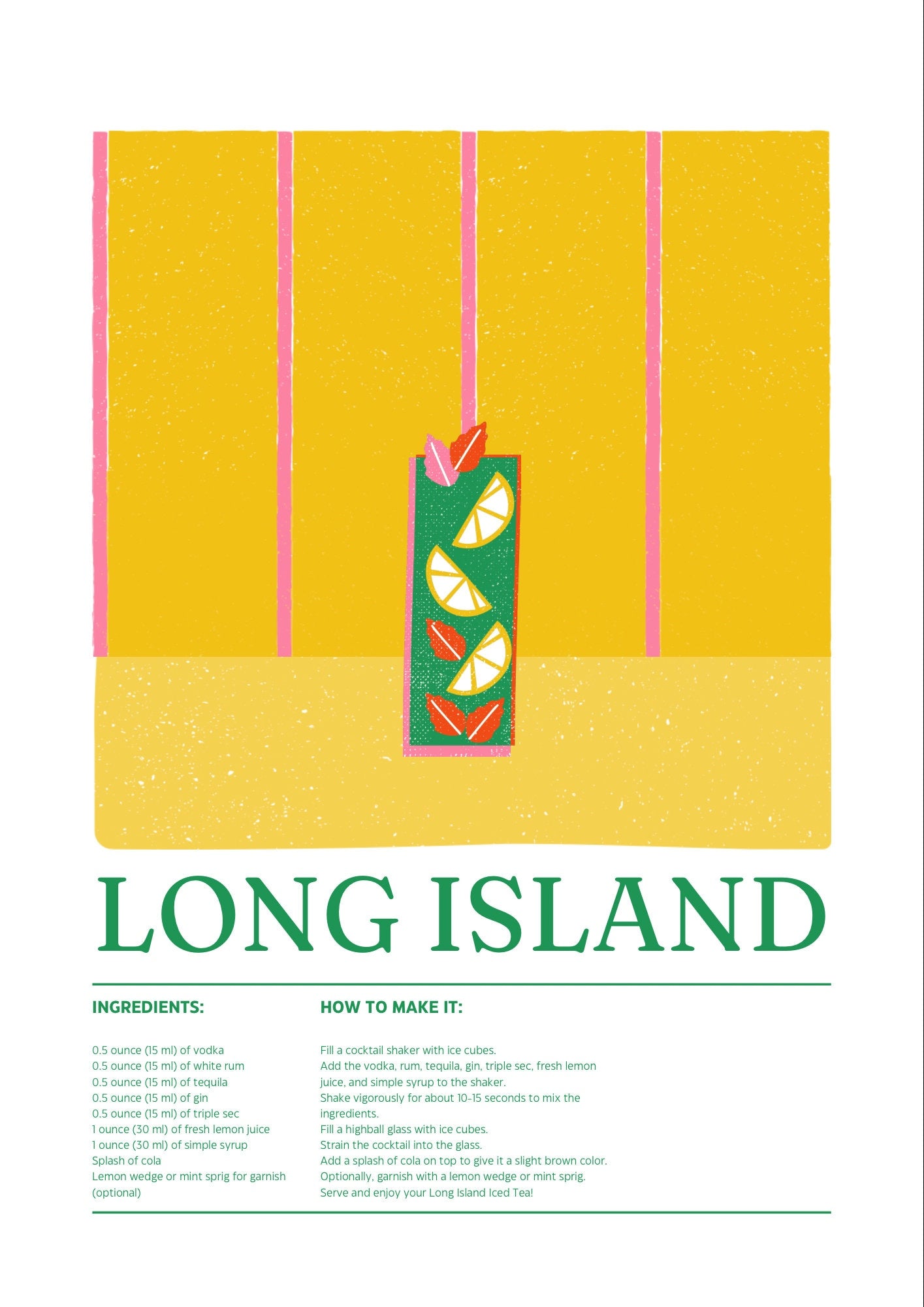 Long Island Cocktail Recipe Art Print: Modern Bar Cart Decor
