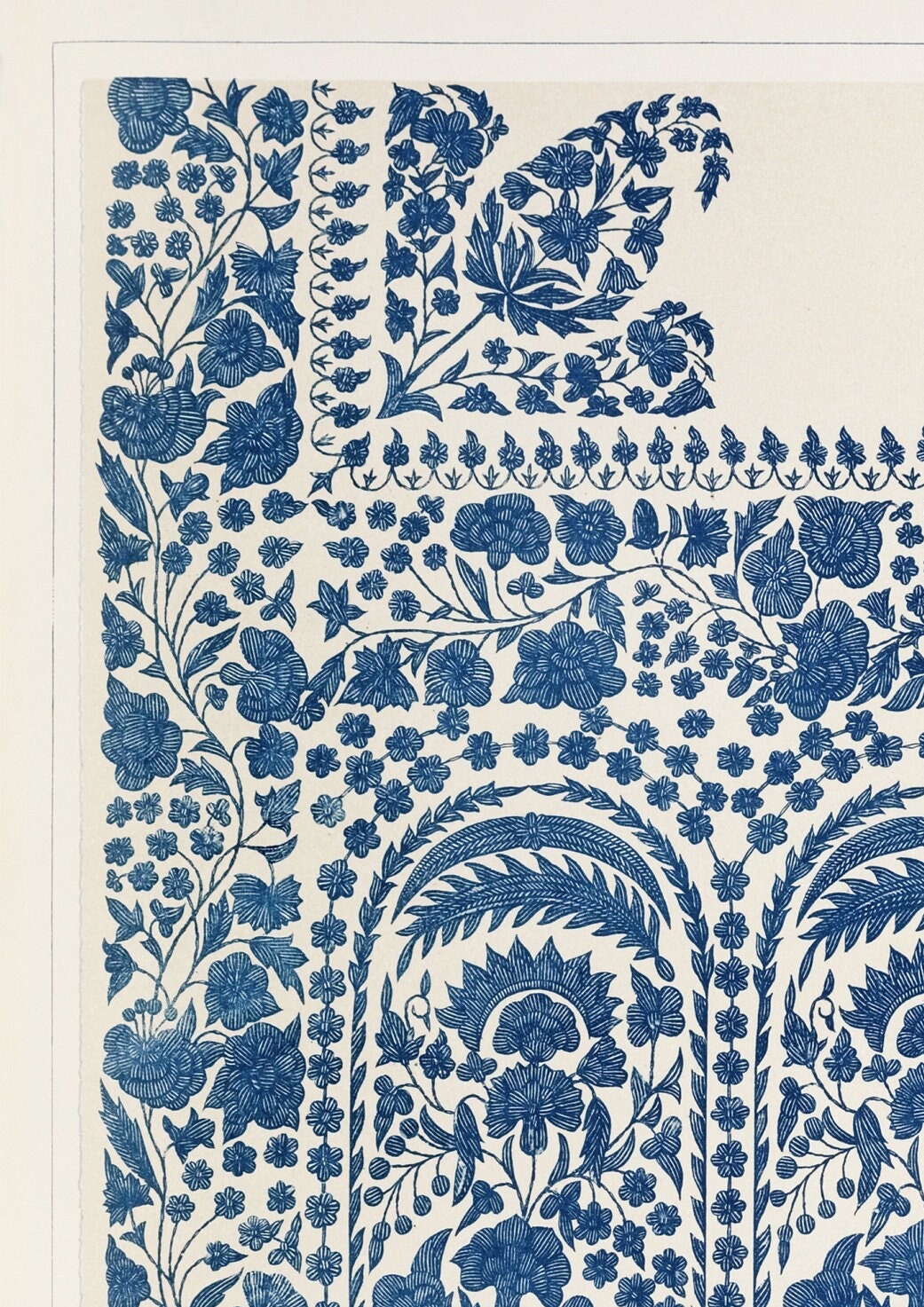 Vintage Indian Textile Art Print: Blue Floral Scarf Design (Unframed)