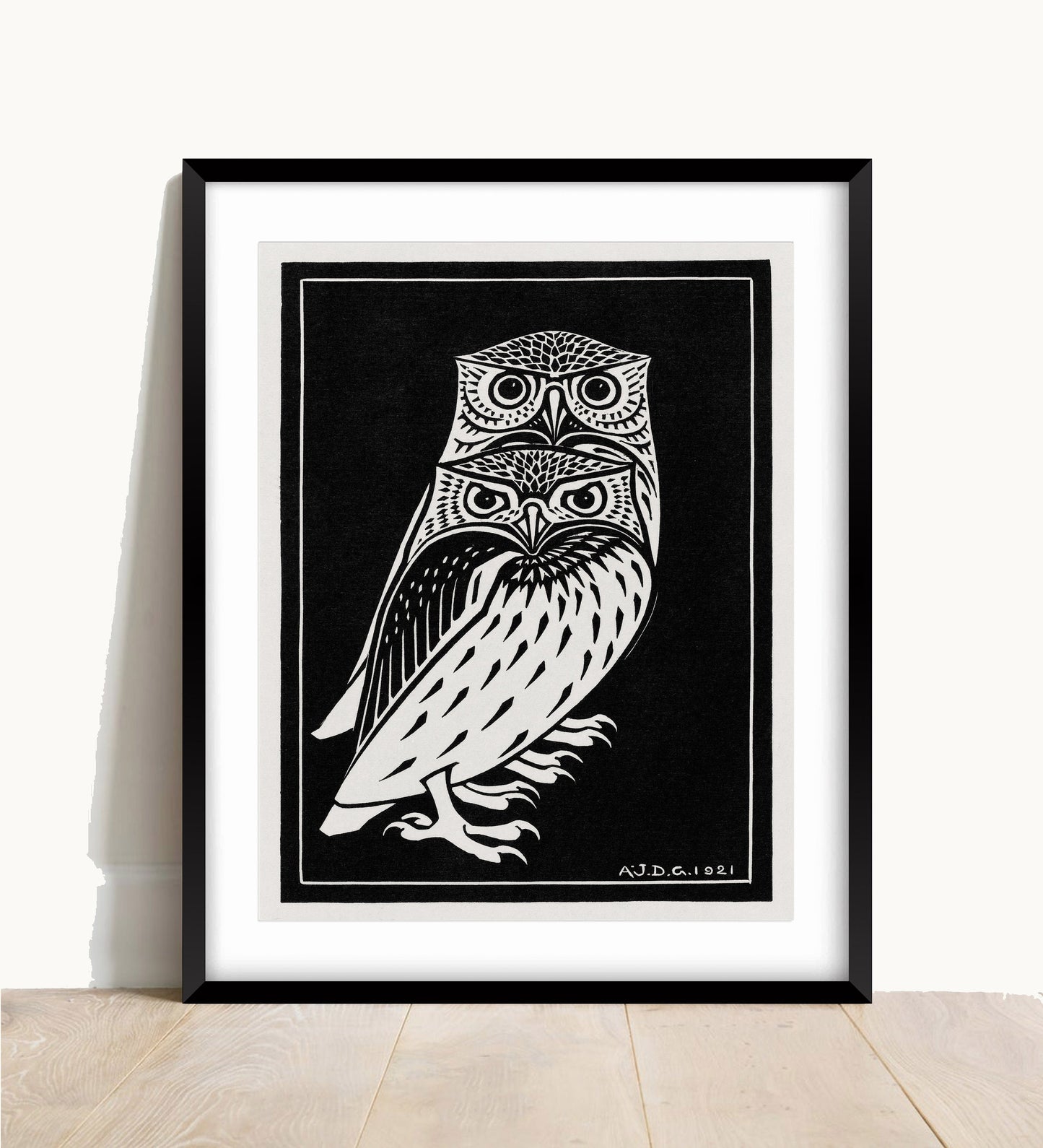 Two Owls Print: Vintage Art Nouveau Poster, Black and White