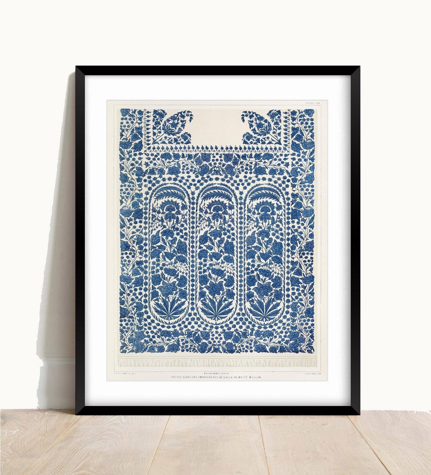 Vintage Indian Textile Art Print: Blue Floral Scarf Design (Unframed)