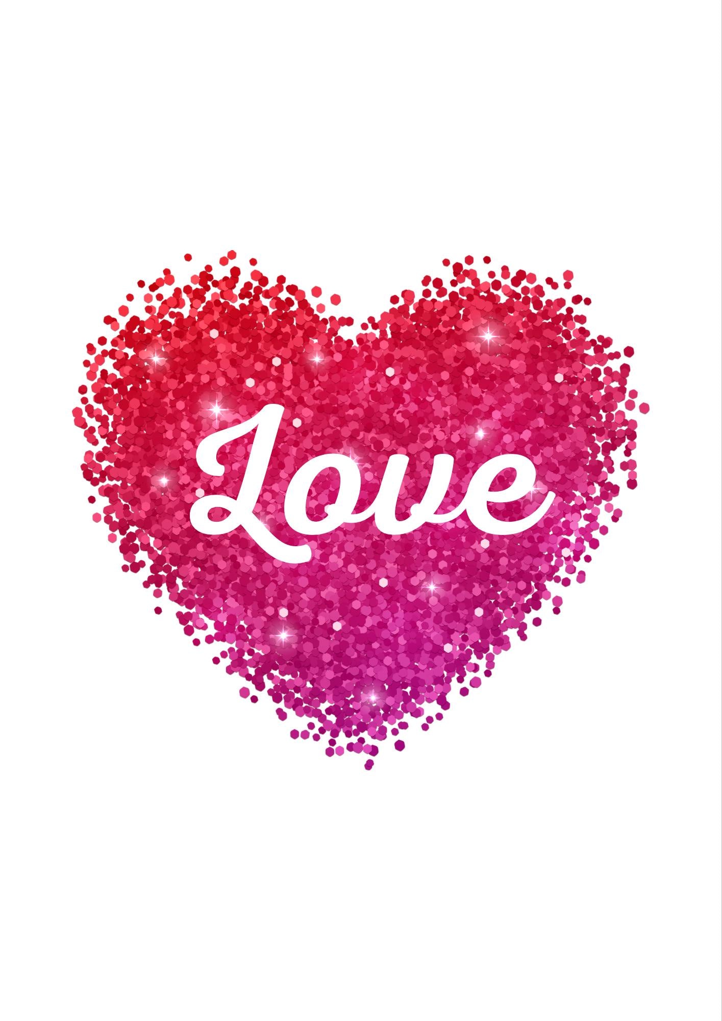 Love Heart Print: Ombre Glitter Effect, Bedroom Wall Art