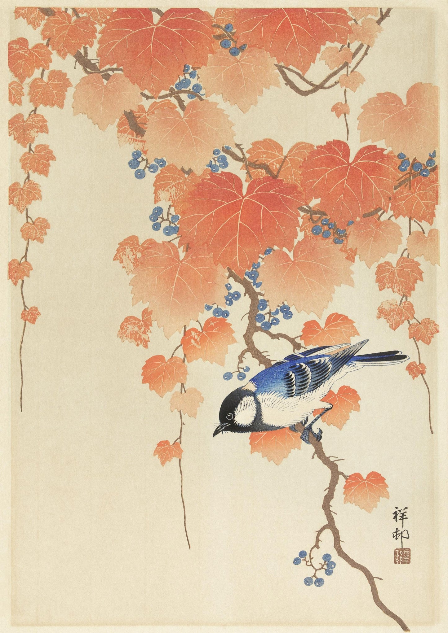 Ohara Koson Japanese Woodblock Print, Great Tit Bird Art
