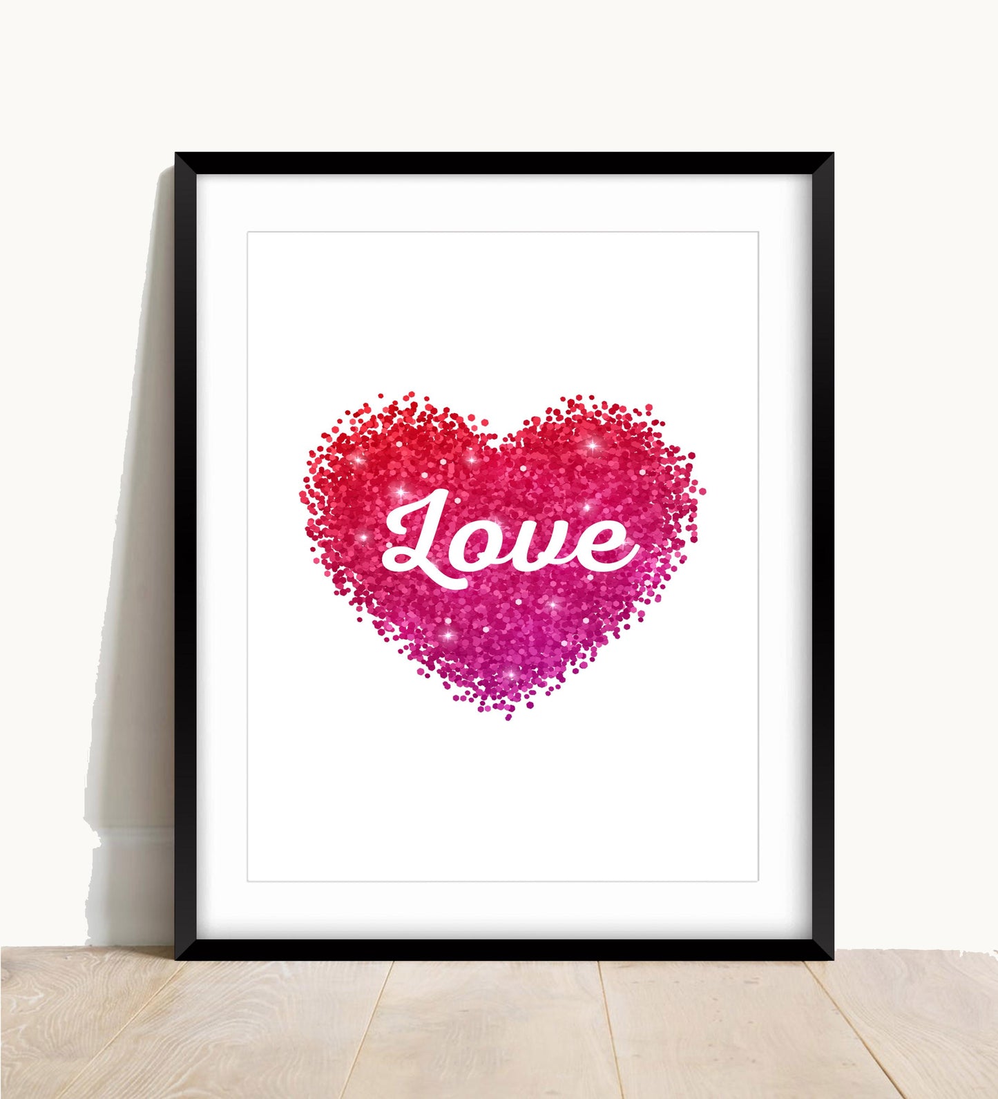 Love Heart Print: Ombre Glitter Effect, Bedroom Wall Art