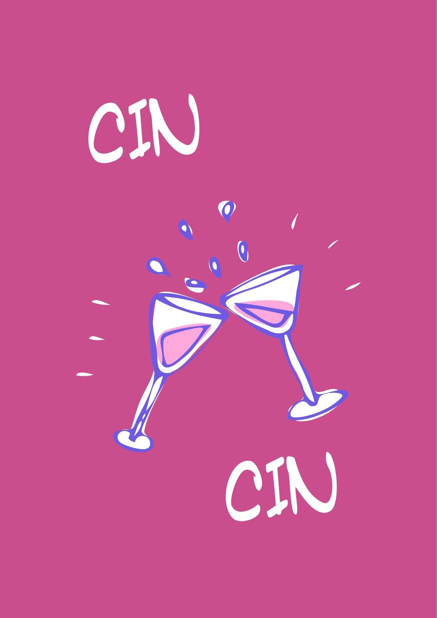 Cheers Wine Print: Retro Kitchen Wall Art, Pink Alcohol Poster