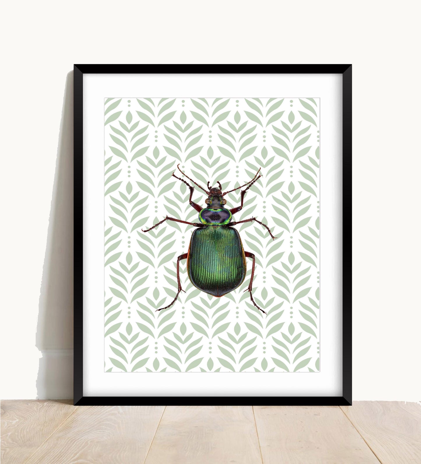 Beetle Print: Green Insect Poster, Botanical Wall Art