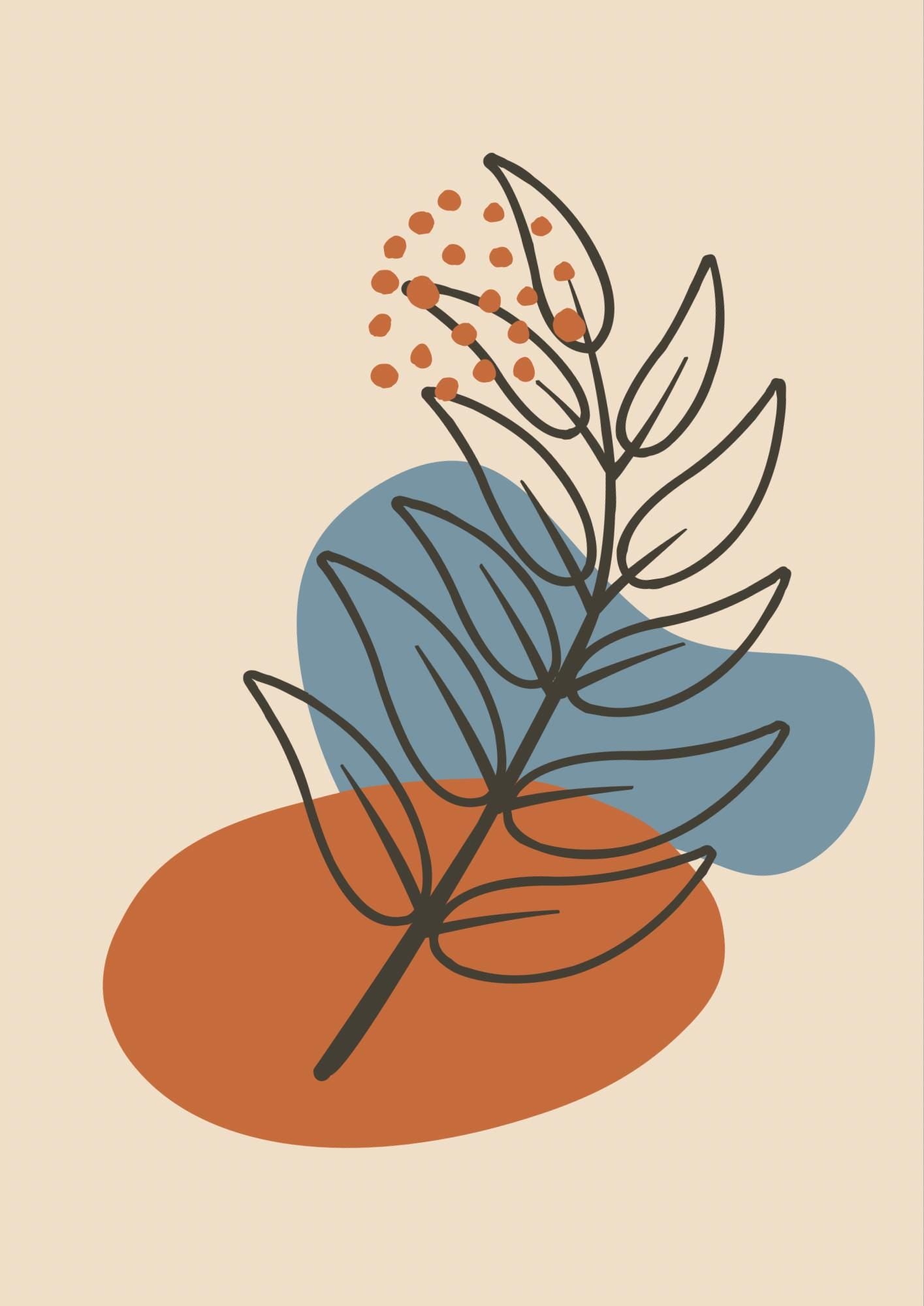 Abstract Botanical Wall Print: Beige, Blue & Orange Boho Decor