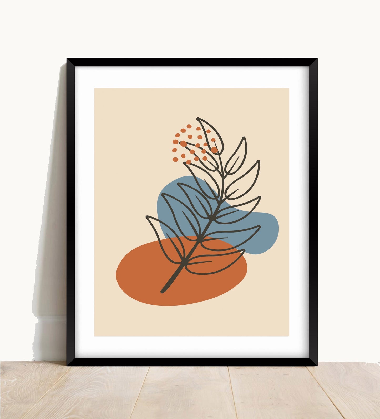 Abstract Botanical Wall Print: Beige, Blue & Orange Boho Decor