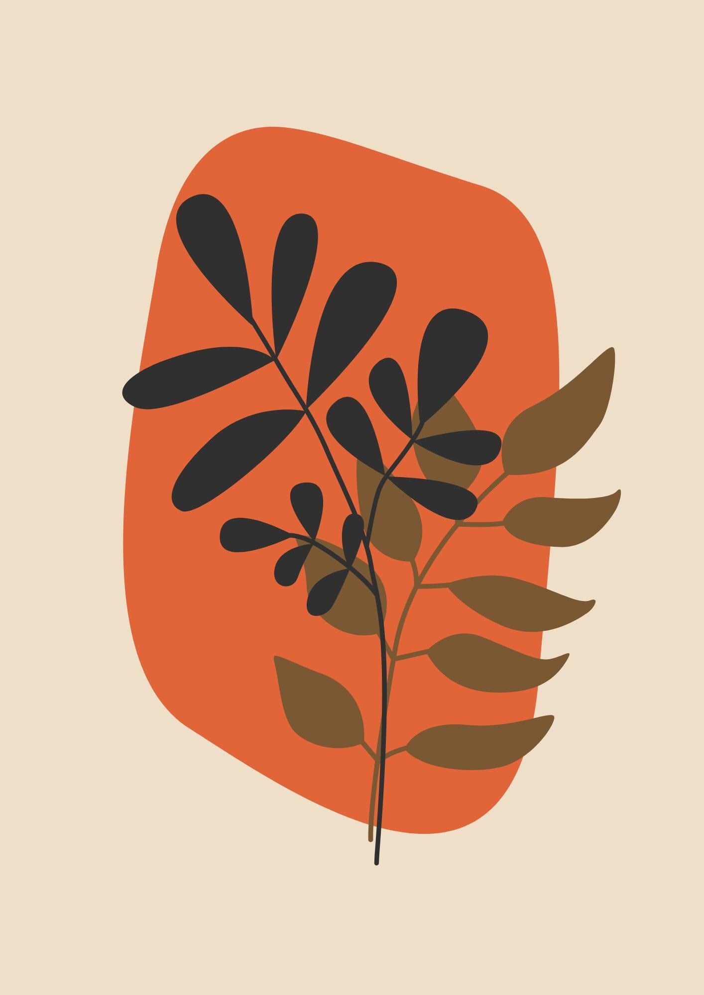 Abstract Botanical Wall Print: Beige, Orange & Blue Boho Decor