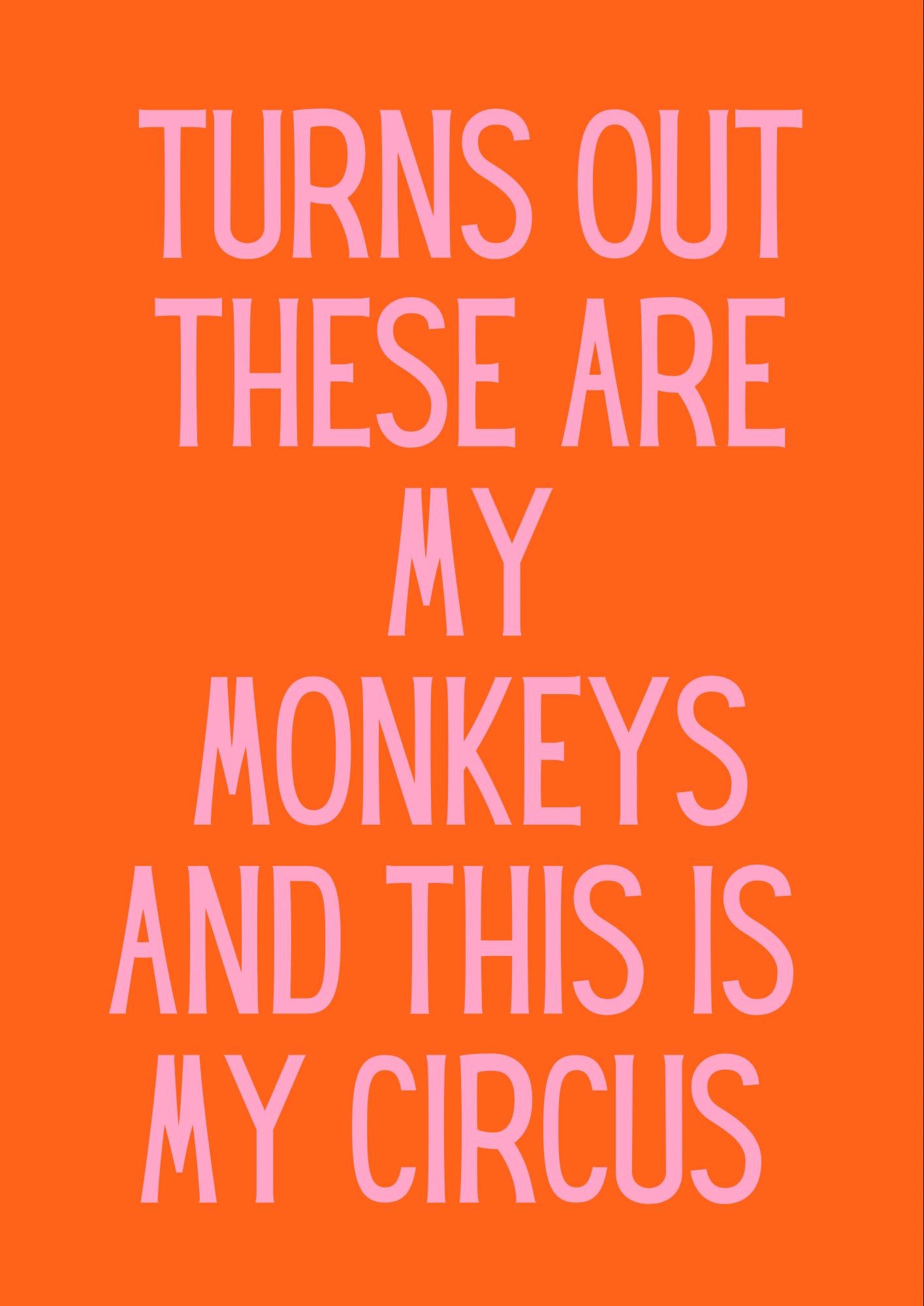 Funny Monkeys Circus Wall Print: Pink & Orange Typography (A4/A3)