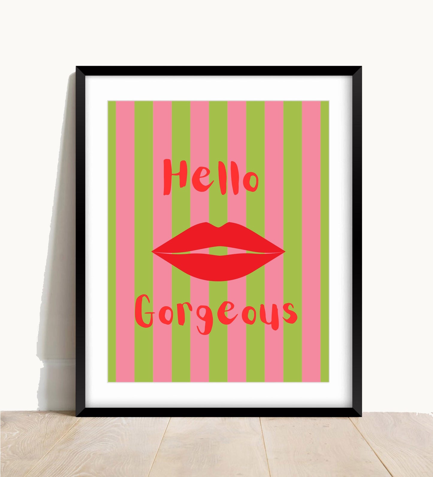 Hello Lips Print, Red & Green Stripe Wall Art