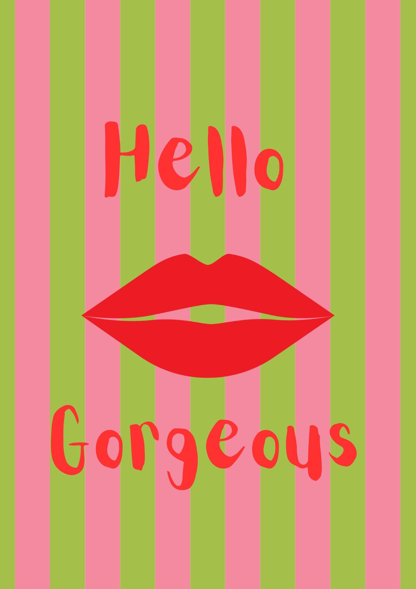 Hello Lips Print, Red & Green Stripe Wall Art